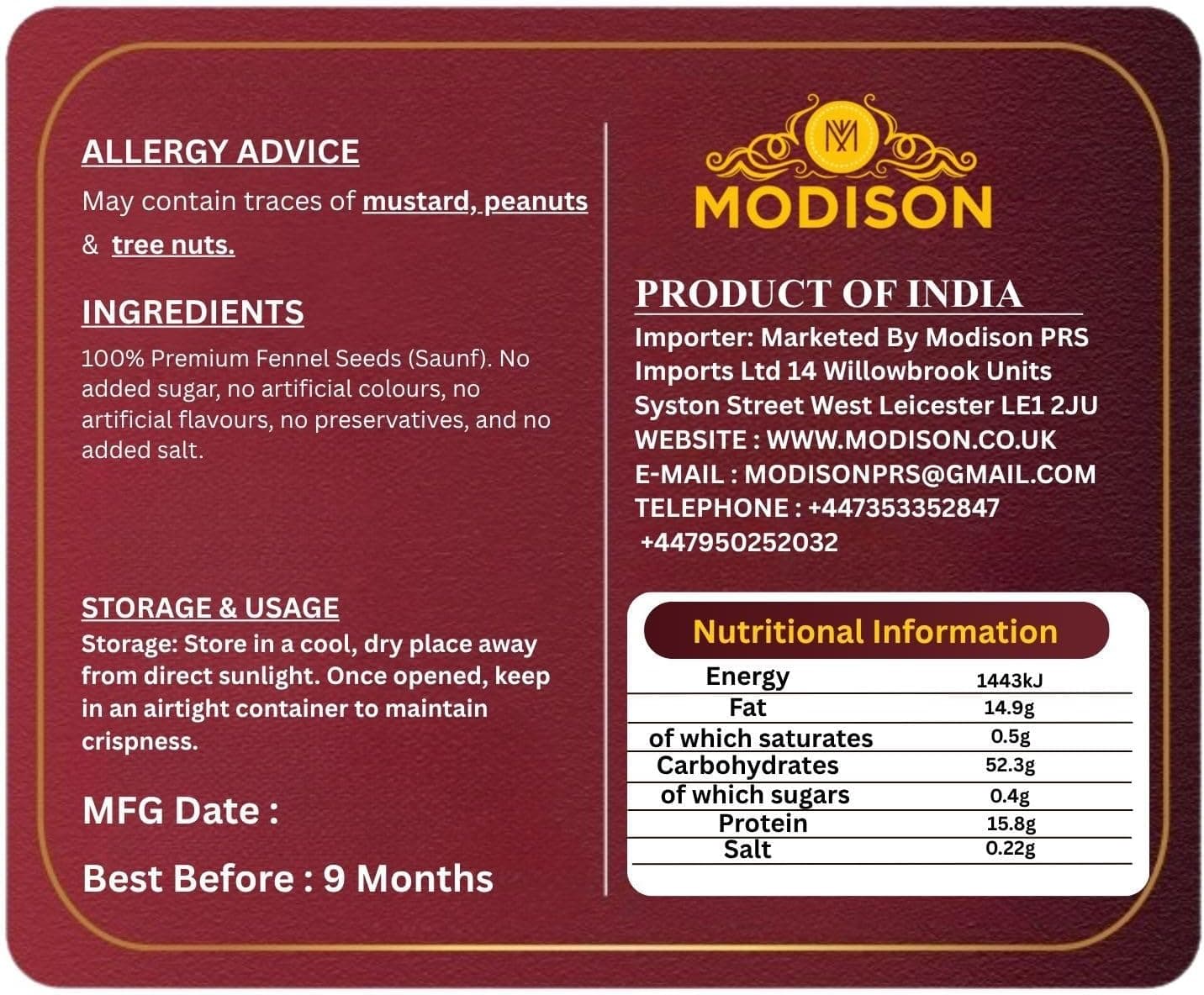 MODISON Fennel Seed Saunf Indian Mouth Freshener Sweet 100g thumbnail 9