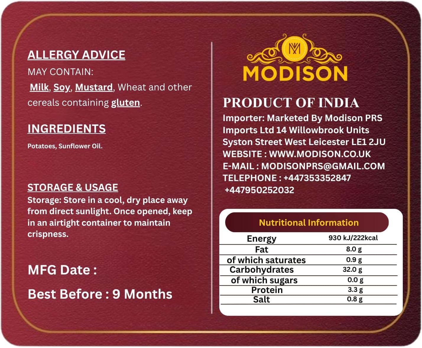 MODISON Potato French Fries Indian Namkeen Salted Crispy 180g thumbnail 9