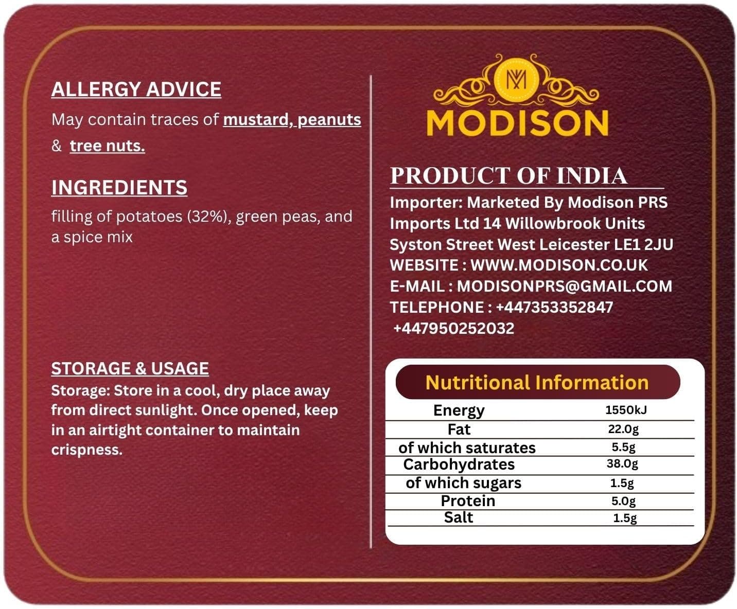MODISON Samosa Traditional Frozen Indian Snack 1kg thumbnail 9