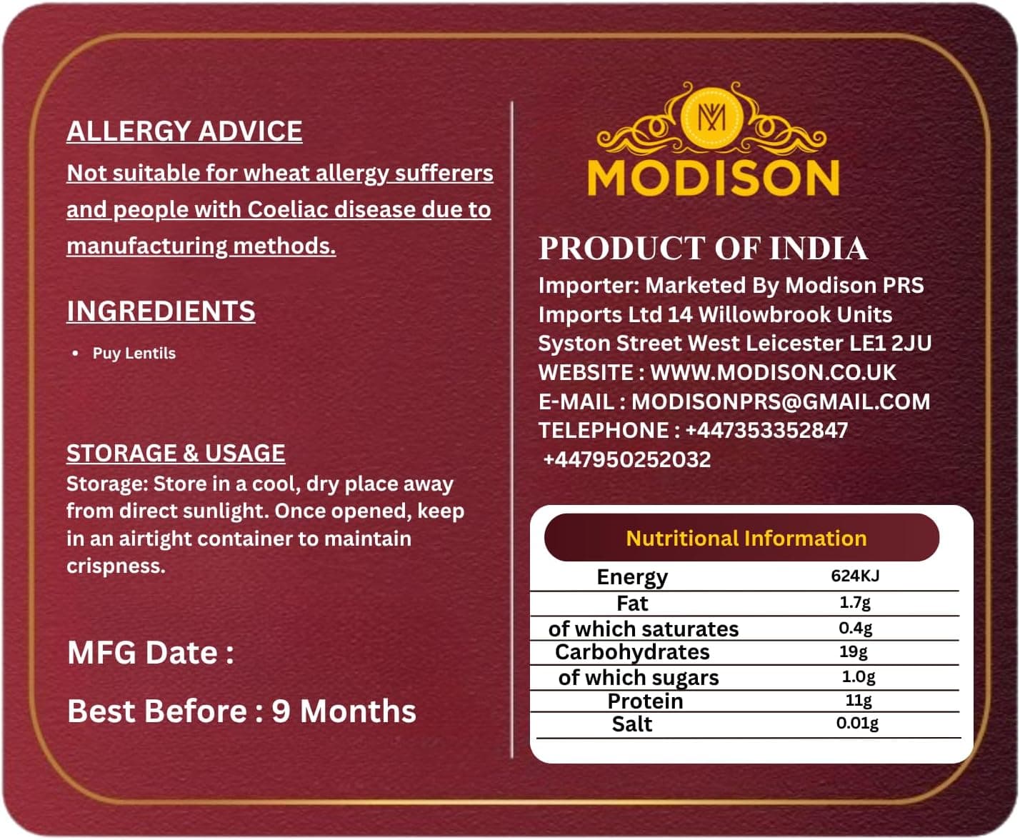 MODISON Puy Lentils Whole Pulses High Fibre Protein Pack 6x250g thumbnail 9