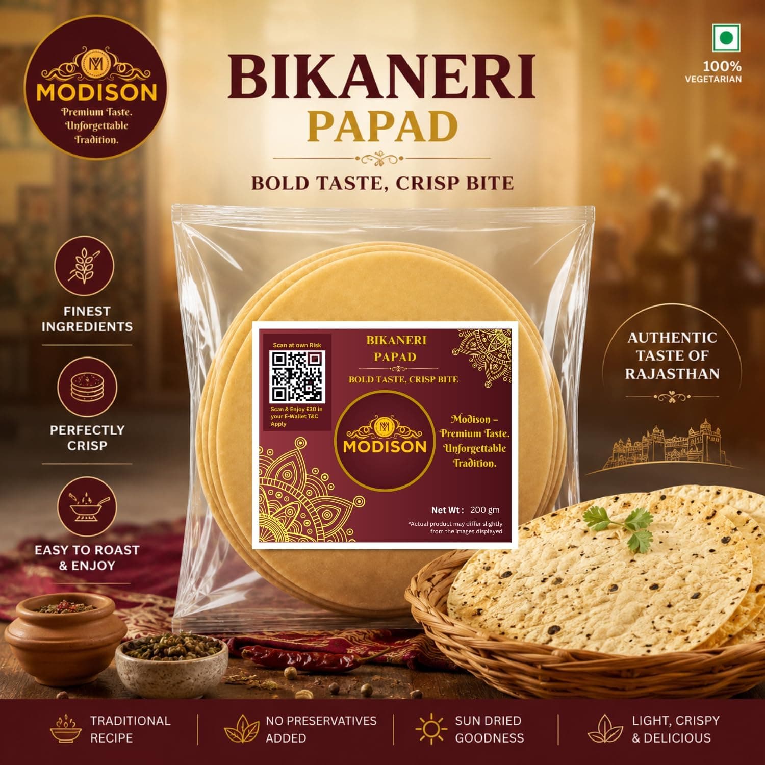 MODISON Bikaneri Papad Indian Papad Crispy Rajasthani 200g thumbnail 9