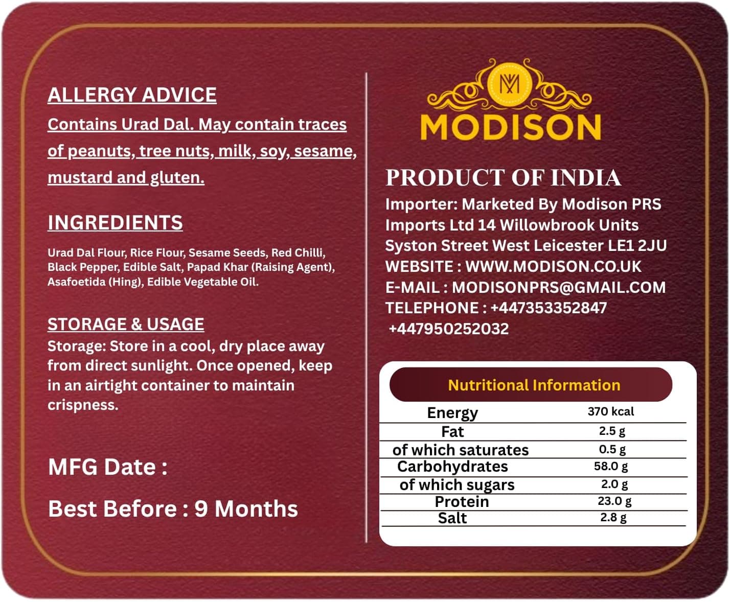 MODISON Andhra Appadam Indian Papad Crispy Lentil Wafer 200g thumbnail 9