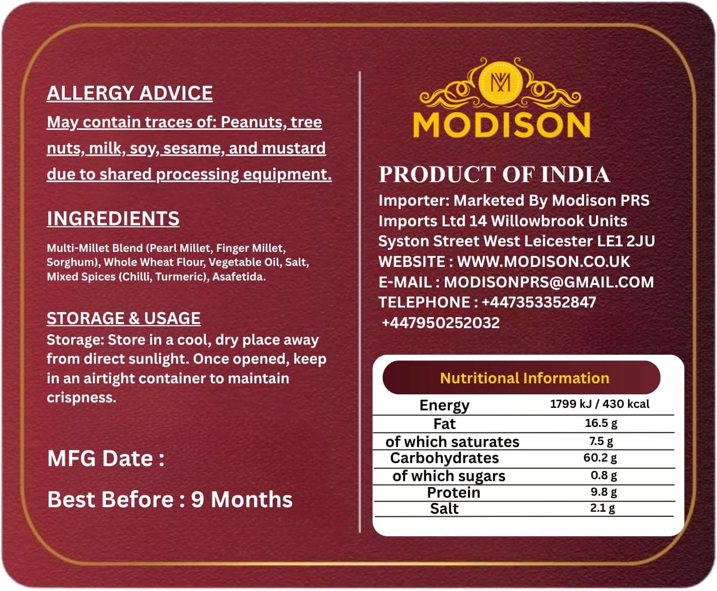 MODISON Millers Khakhra Whole Wheat Multi Millet Crispbread 200g thumbnail 9