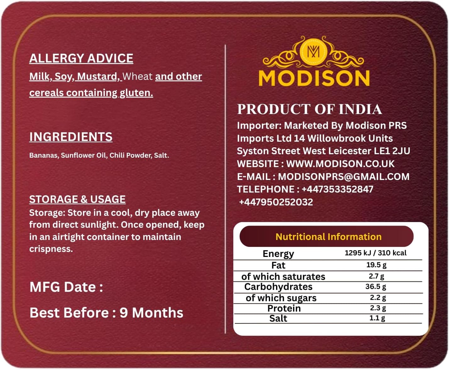 MODISON Long Chilli Banana Wafer Indian Snacks Spicy Kela 180g thumbnail 9
