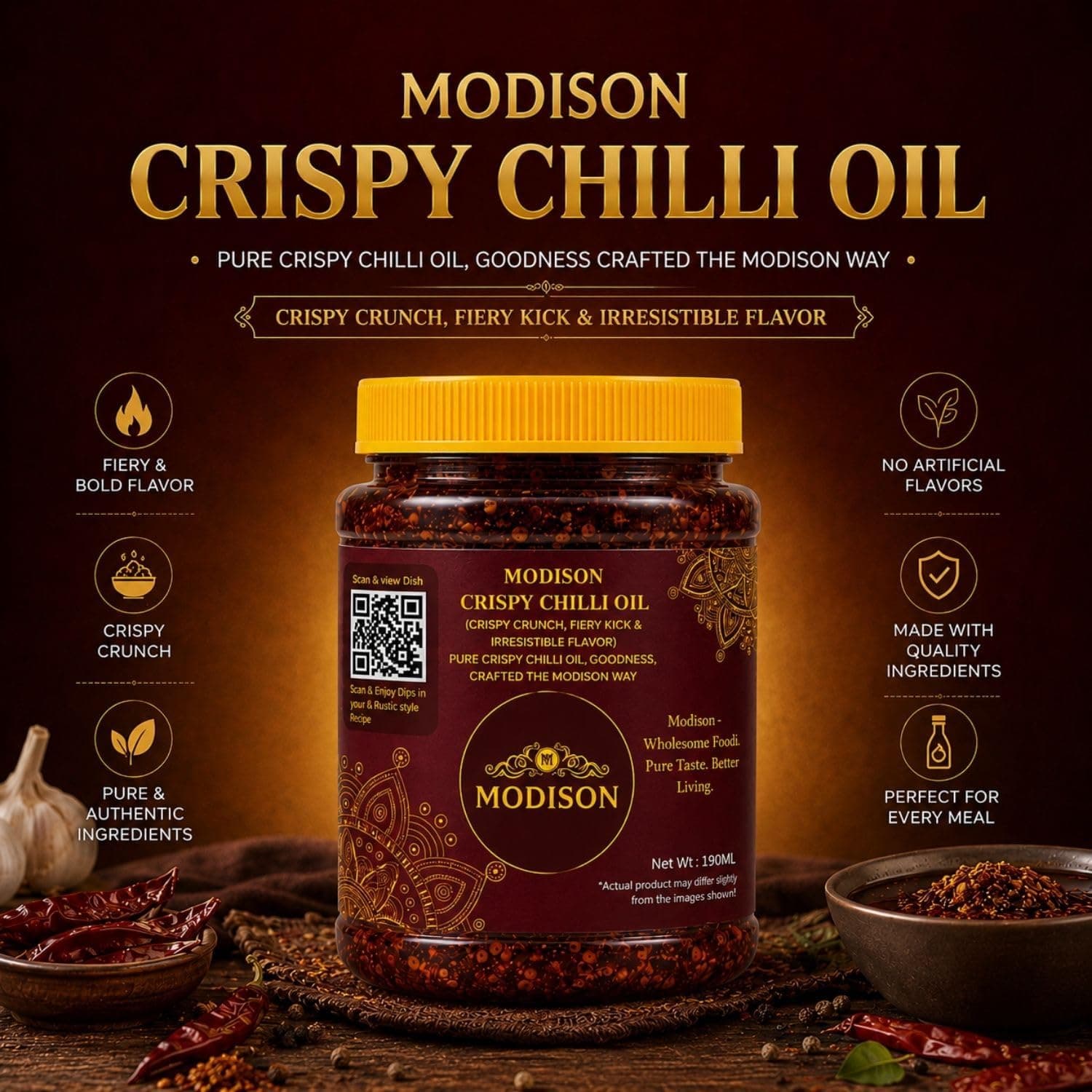 MODISON Crispy Chilli Oil 190ml – Spicy Chilli Crunch Condiment with Crispy Garlic | Bold Flavor & Crunch | Ideal for Noodles, Ramen, Dumplings & Rice Bowls | Vegan Friendly (190ml) thumbnail 12