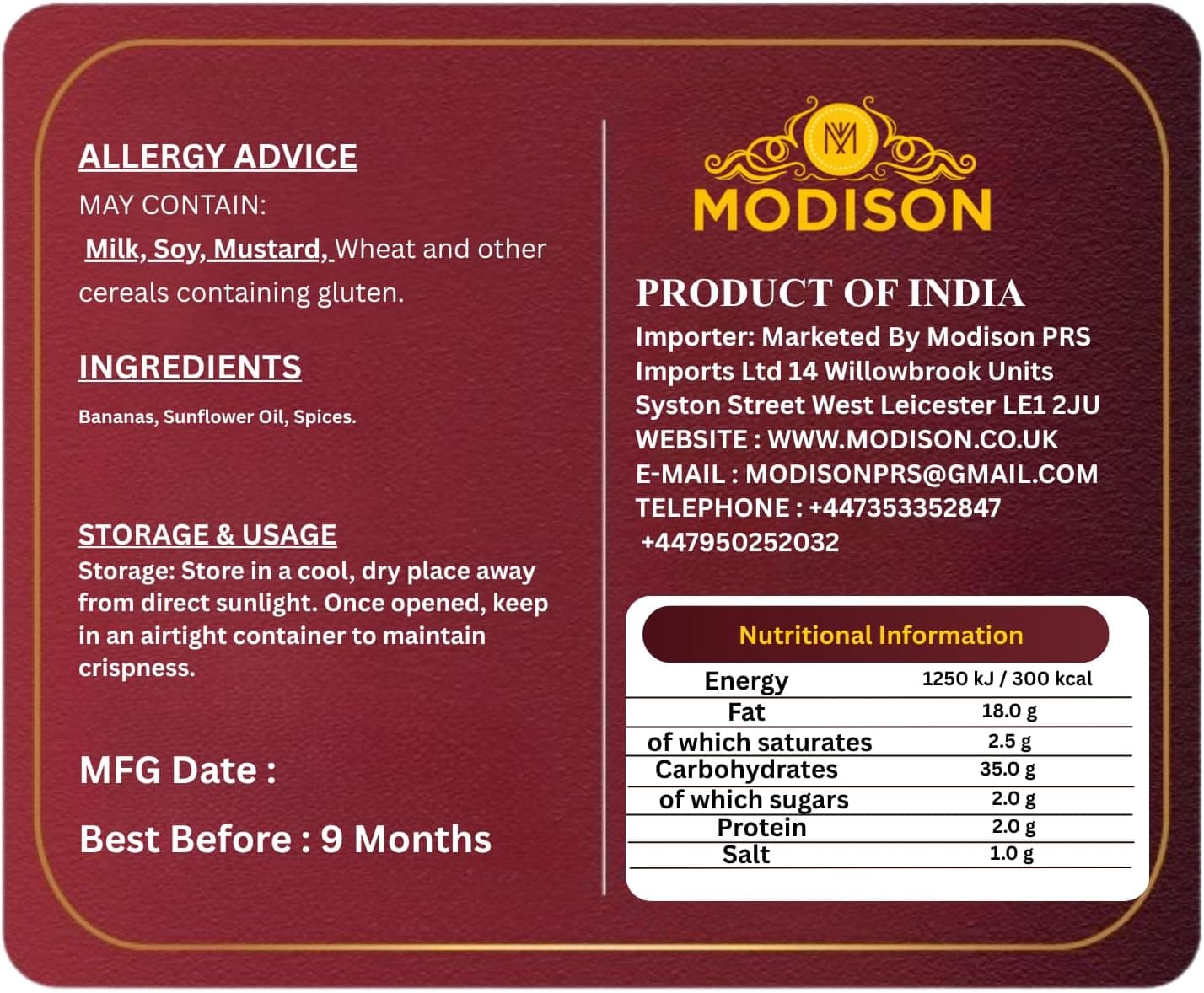 MODISON Banana French Fries Indian Snacks Masala Kela 180g thumbnail 9