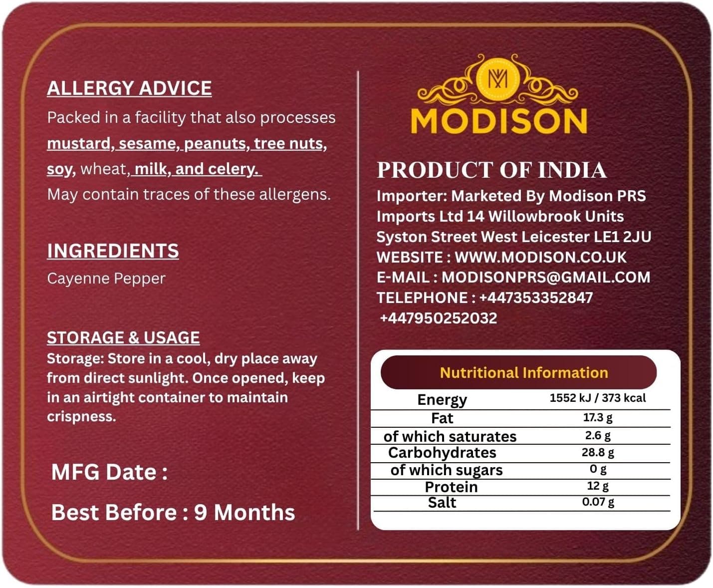 MODISON Cayenne Pepper 390g - Ground Red Pepper Seasoning | Hot Chilli Spice for Cooking, BBQ, Marinades, Curries & Sauces | Natural Vegan Gluten Free Cayenne Pepper for Meat, Vegetables & Soups. thumbnail 9
