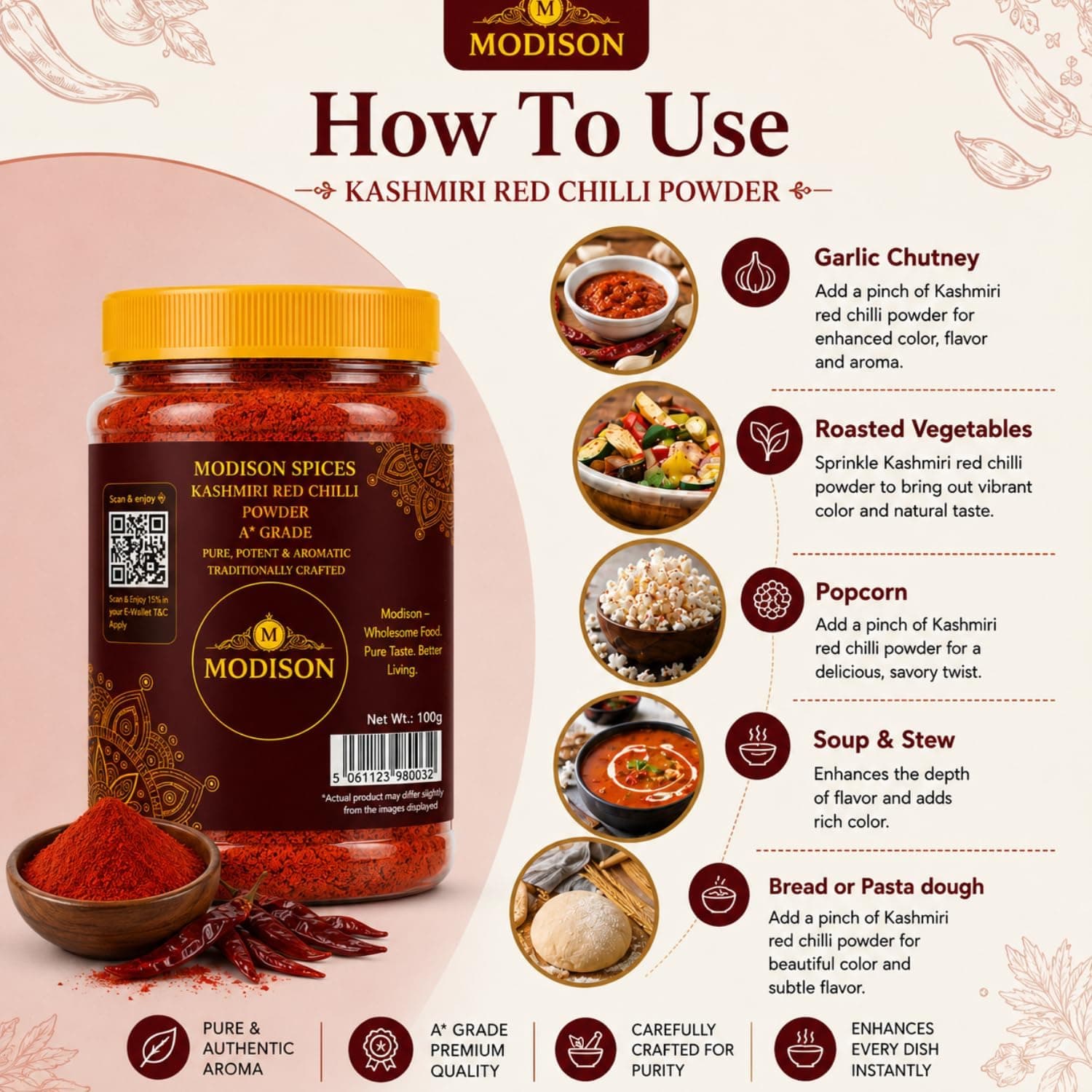 MODISON Kashmiri Red Chilli Powder Indian Spices Mild Heat 100g thumbnail 12