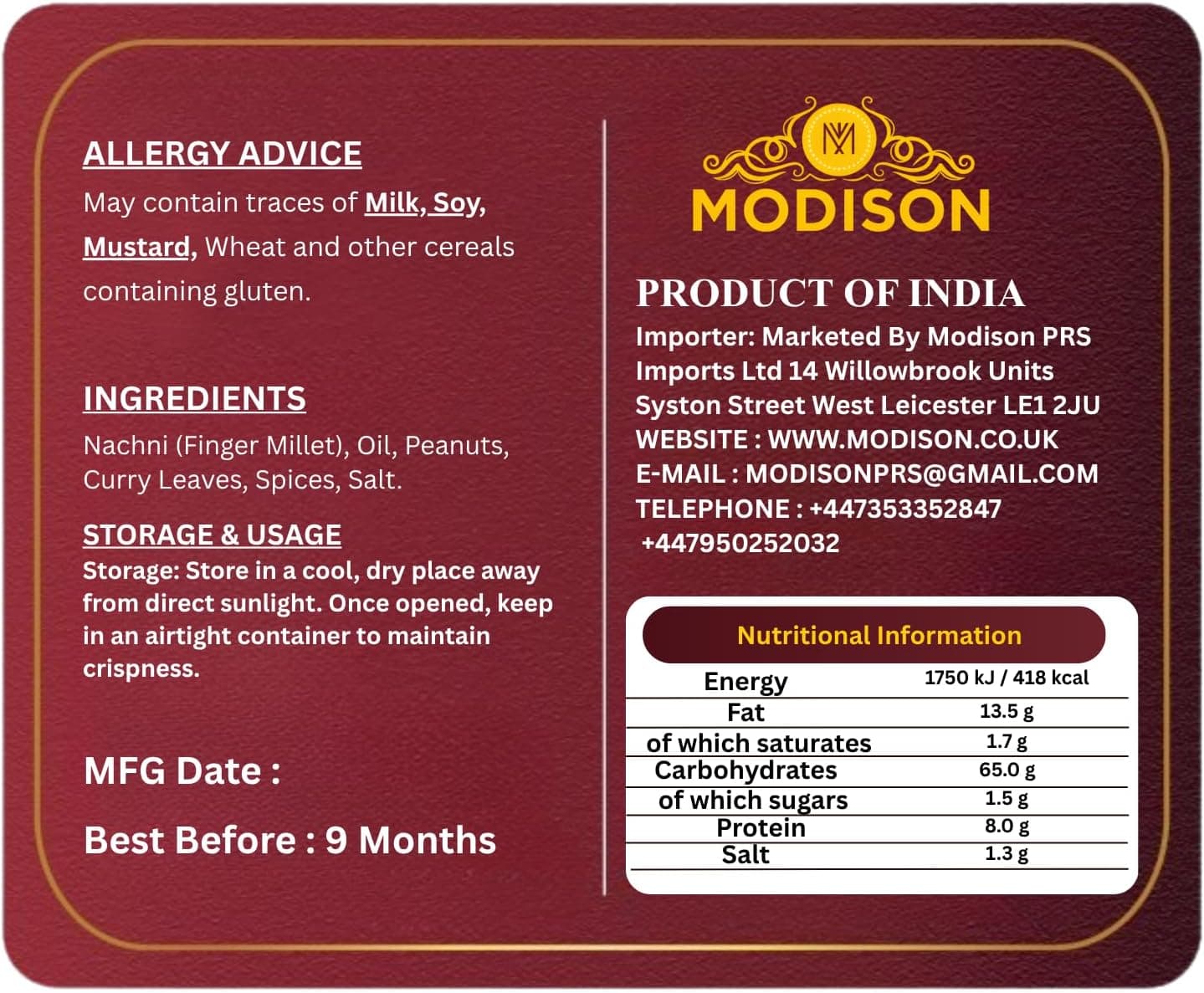 MODISON Nachni Chivada Indian Namkeen Roasted Ragi Millet 180g thumbnail 9