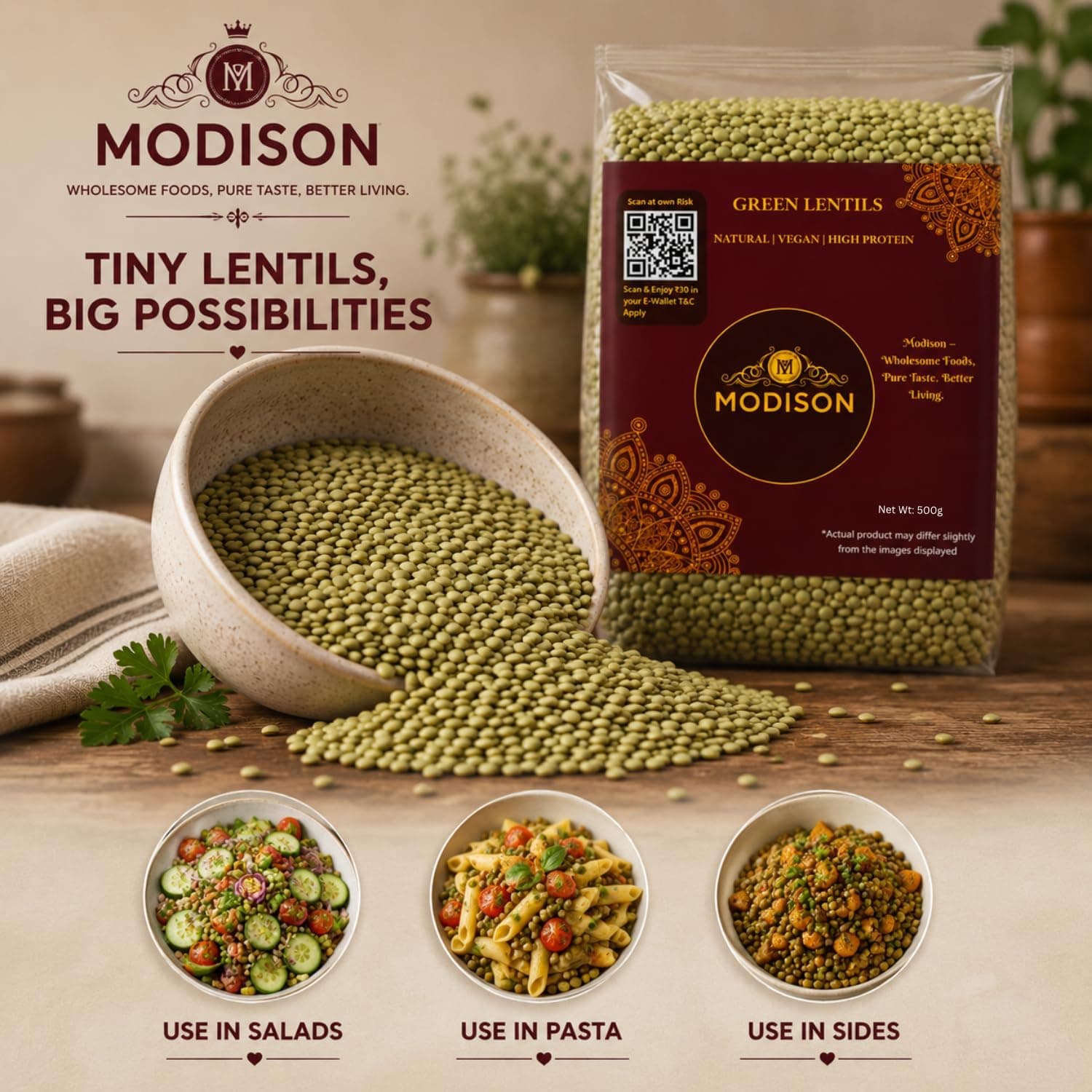 MODISON Green Lentils Whole Pulses High Fibre Protein 500G thumbnail 9