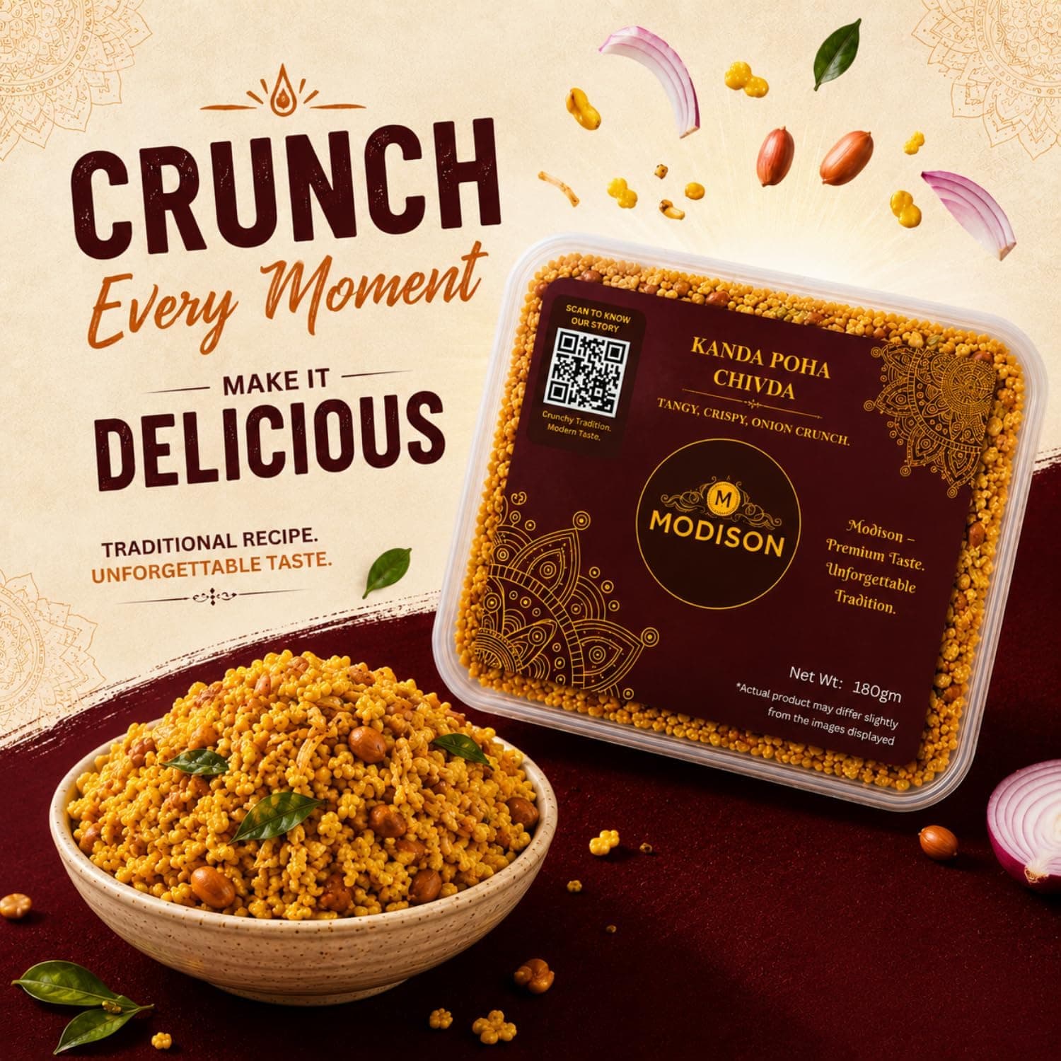 MODISON Kanda Poha Chivda Indian Namkeen Crispy Cashew Raisin 180g thumbnail 11