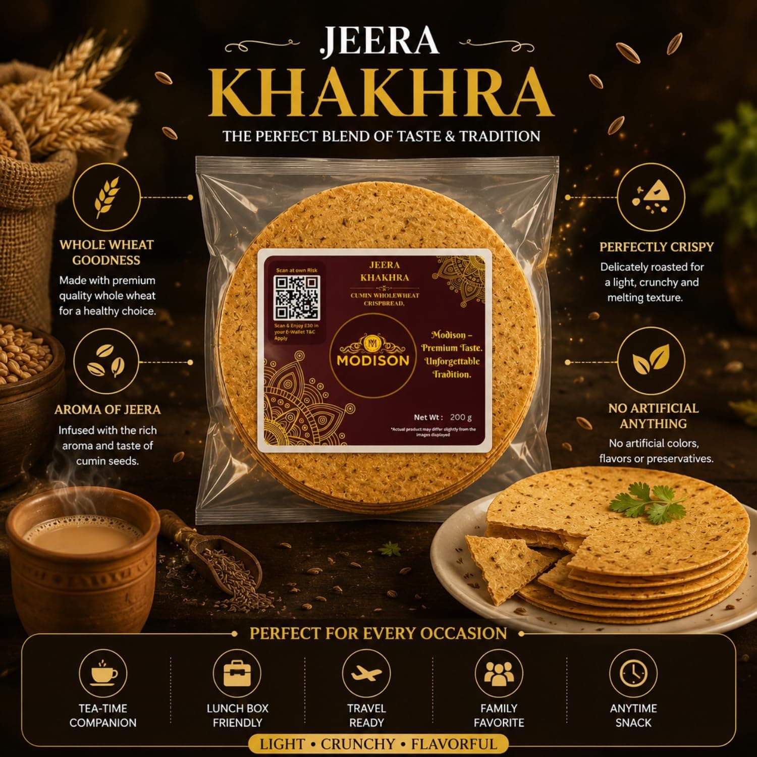 MODISON Jeera Khakhra Whole Wheat Cumin Crispbread Snack 200 g thumbnail 11