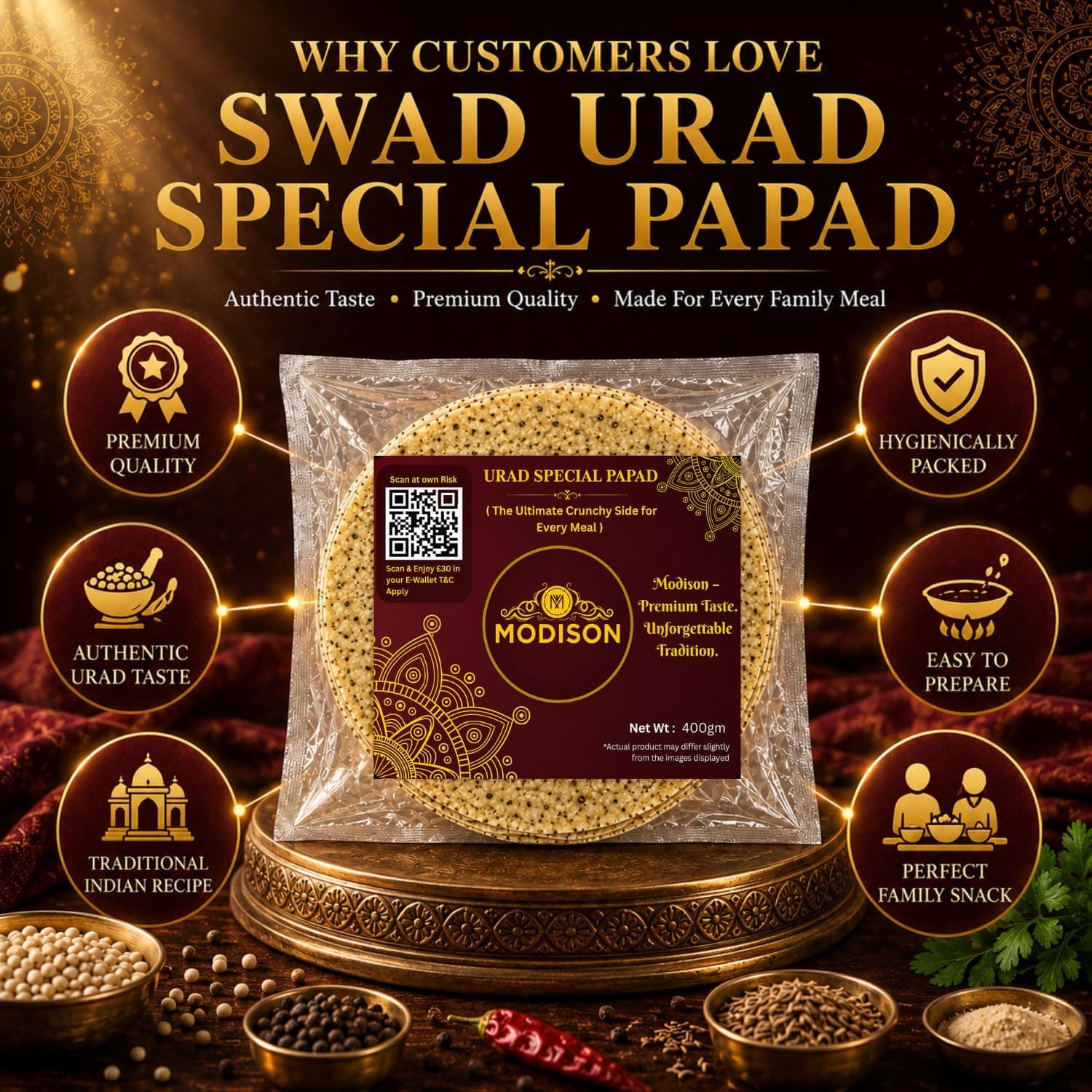 MODISON Urad Special Indian Papad Black Pepper Lentil Wafer 400g thumbnail 11