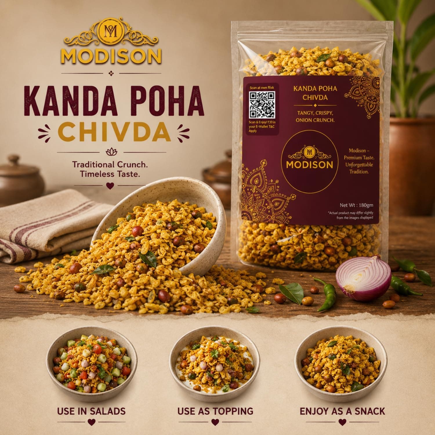 MODISON Kanda Poha Chivda Indian Namkeen Crispy Cashew Raisin 180g thumbnail 12