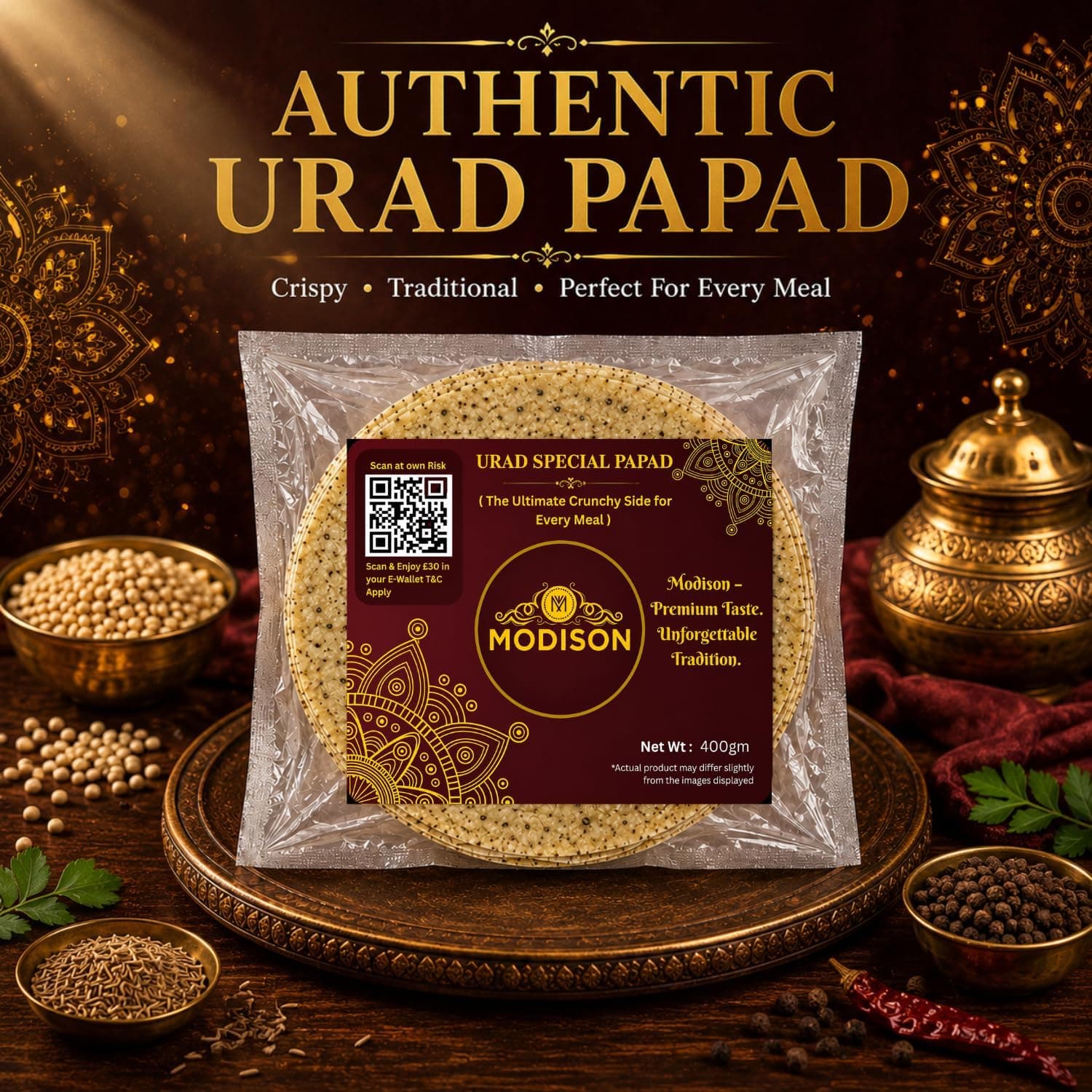 MODISON Urad Special Indian Papad Black Pepper Lentil Wafer 400g thumbnail 10