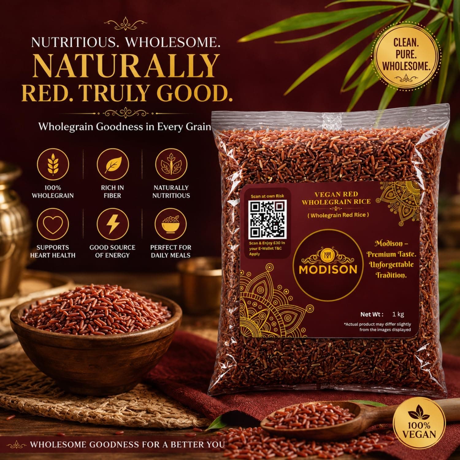 MODISON Vegan Red Wholegrain Rice Natural Gluten Free 1kg thumbnail 11