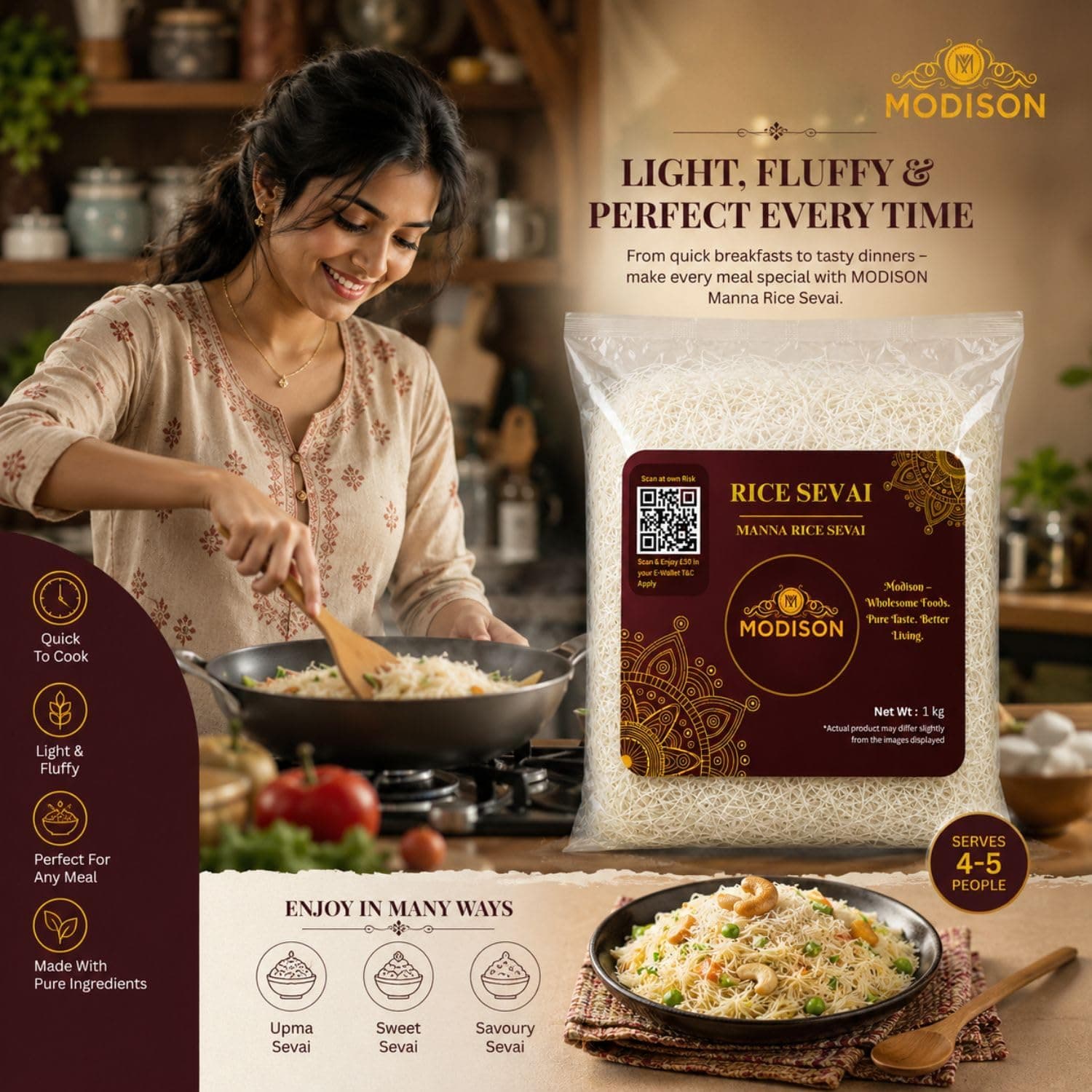 MODISON Brown Rice Sevai Rice Noodles, Brown Rice Vermicelli, 1 kg thumbnail 12