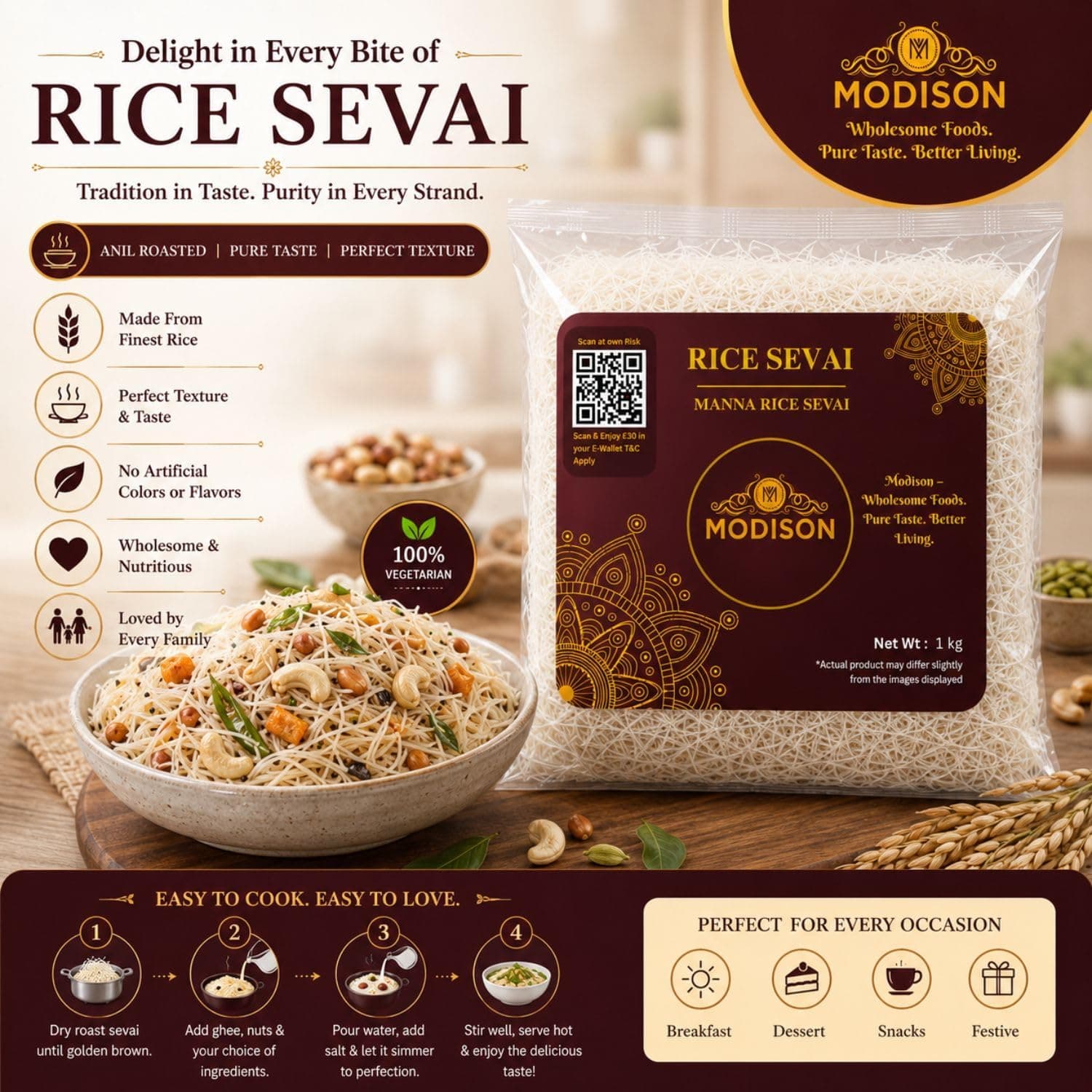 MODISON Brown Rice Sevai Rice Noodles, Brown Rice Vermicelli, 1 kg thumbnail 10