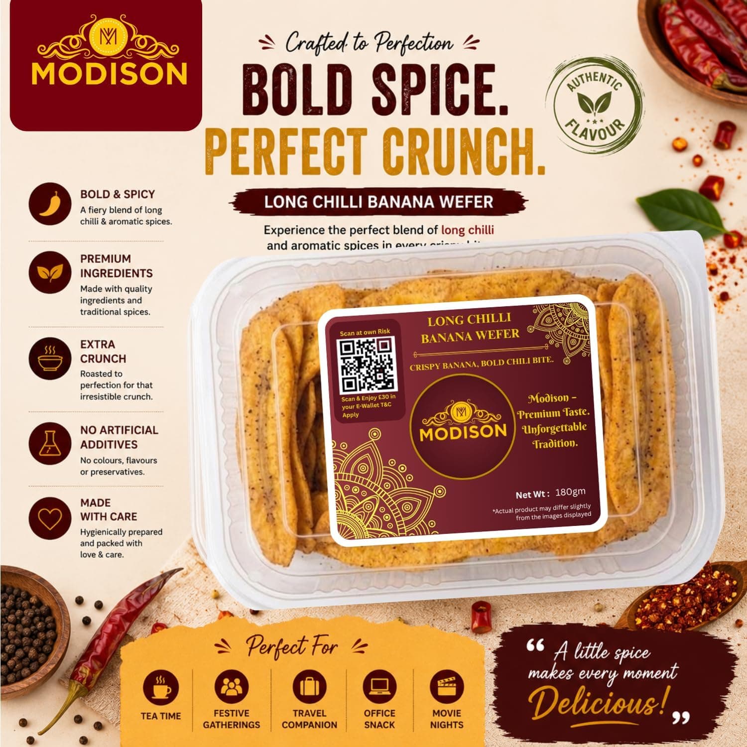 MODISON Long Chilli Banana Wafer Indian Snacks Spicy Kela 180g thumbnail 11