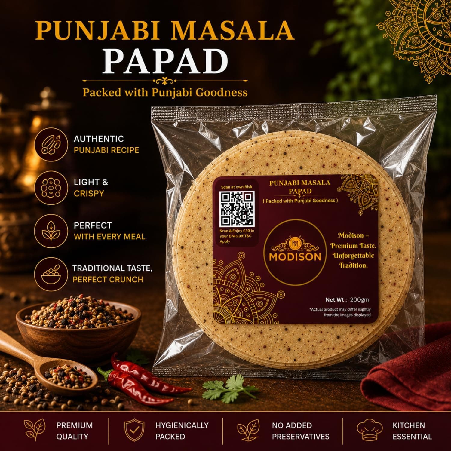 MODISON Punjabi Masala Indian Papad Spicy Lentil Wafer 200g thumbnail 10