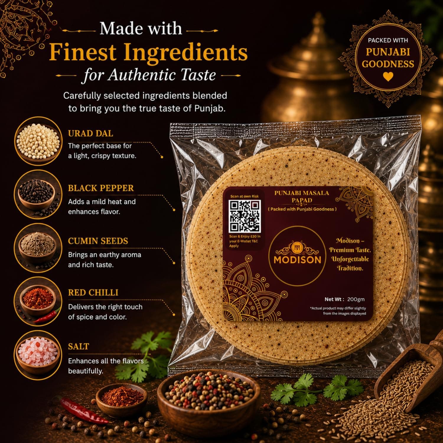 MODISON Punjabi Masala Indian Papad Spicy Lentil Wafer 200g thumbnail 12