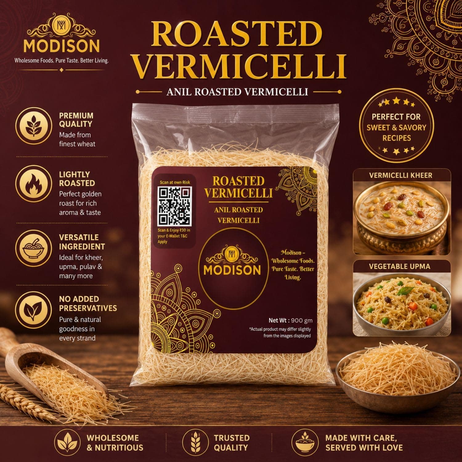 MODISON Roasted Vermicelli Premium Wheat Semolina Seviyan 900g thumbnail 10