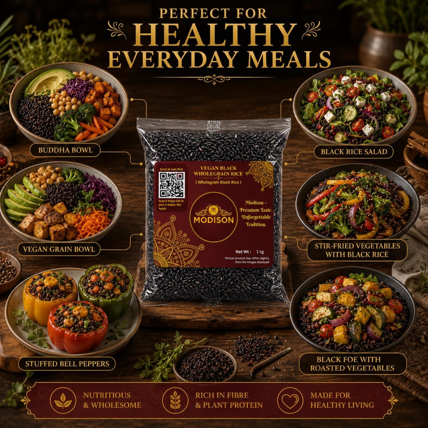 MODISON Vegan Black Wholegrain Rice Gluten Free Natural 1kg thumbnail 12