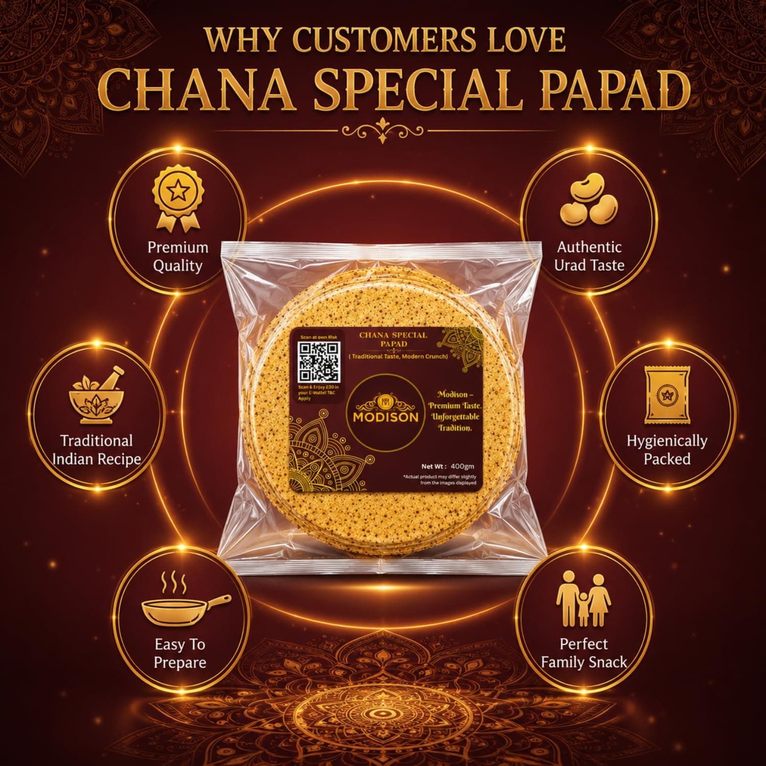 MODISON Chana Special Indian Papad Black Pepper Lentil Wafer 400g thumbnail 11