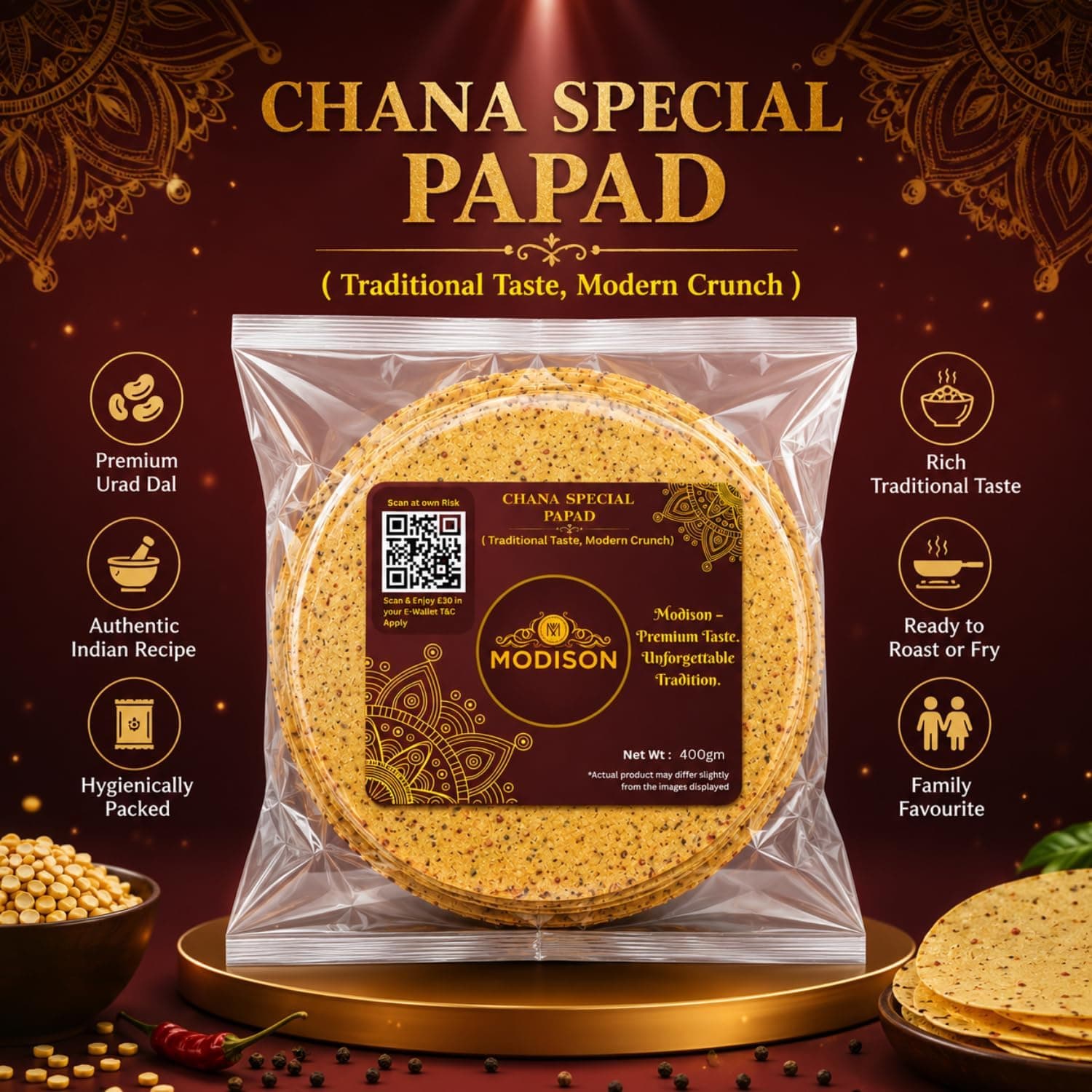 MODISON Chana Special Indian Papad Black Pepper Lentil Wafer 400g thumbnail 10