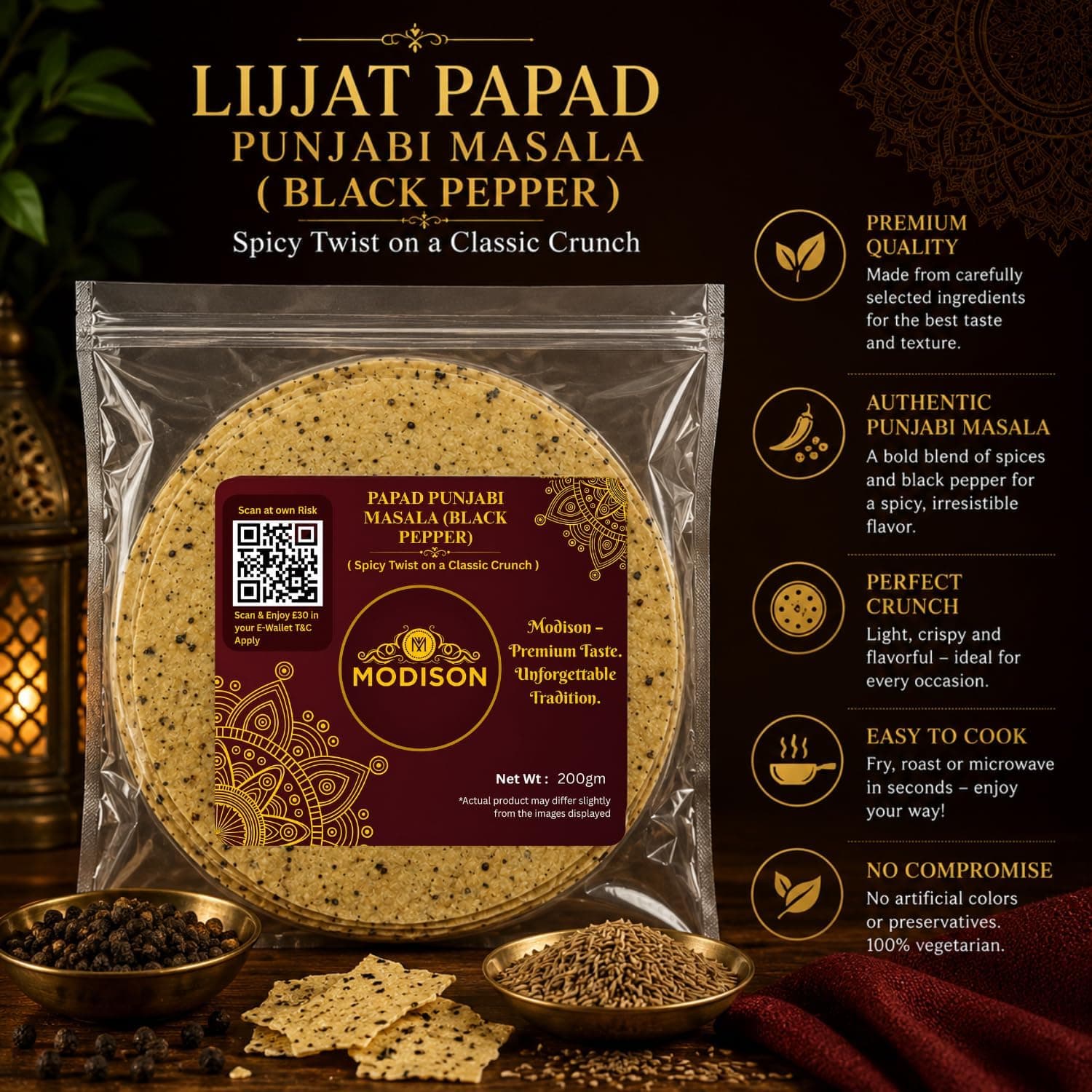 MODISON Punjabi Masala Indian Papad Black Pepper Lentil Wafer 200g thumbnail 10
