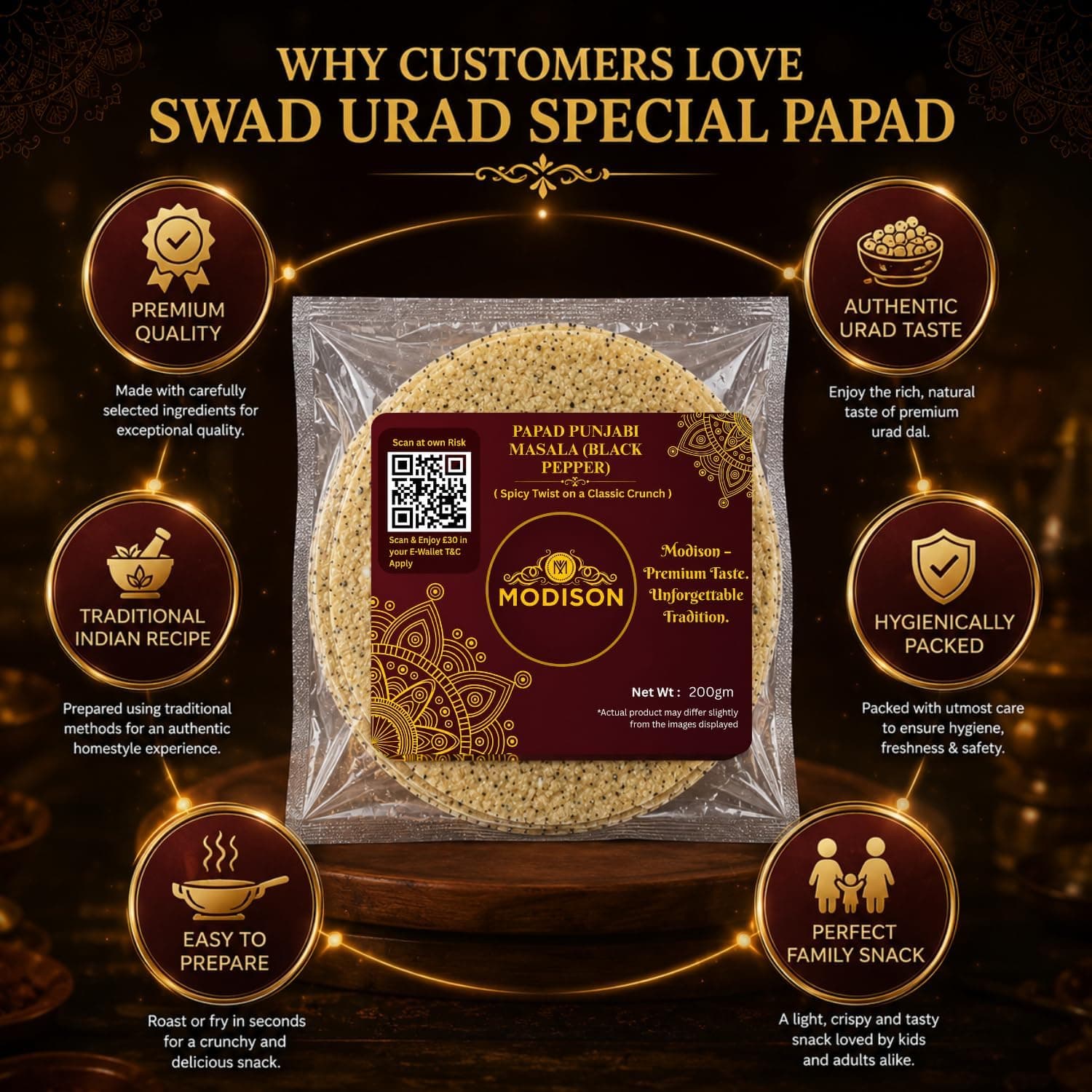 MODISON Punjabi Masala Indian Papad Black Pepper Lentil Wafer 200g thumbnail 11