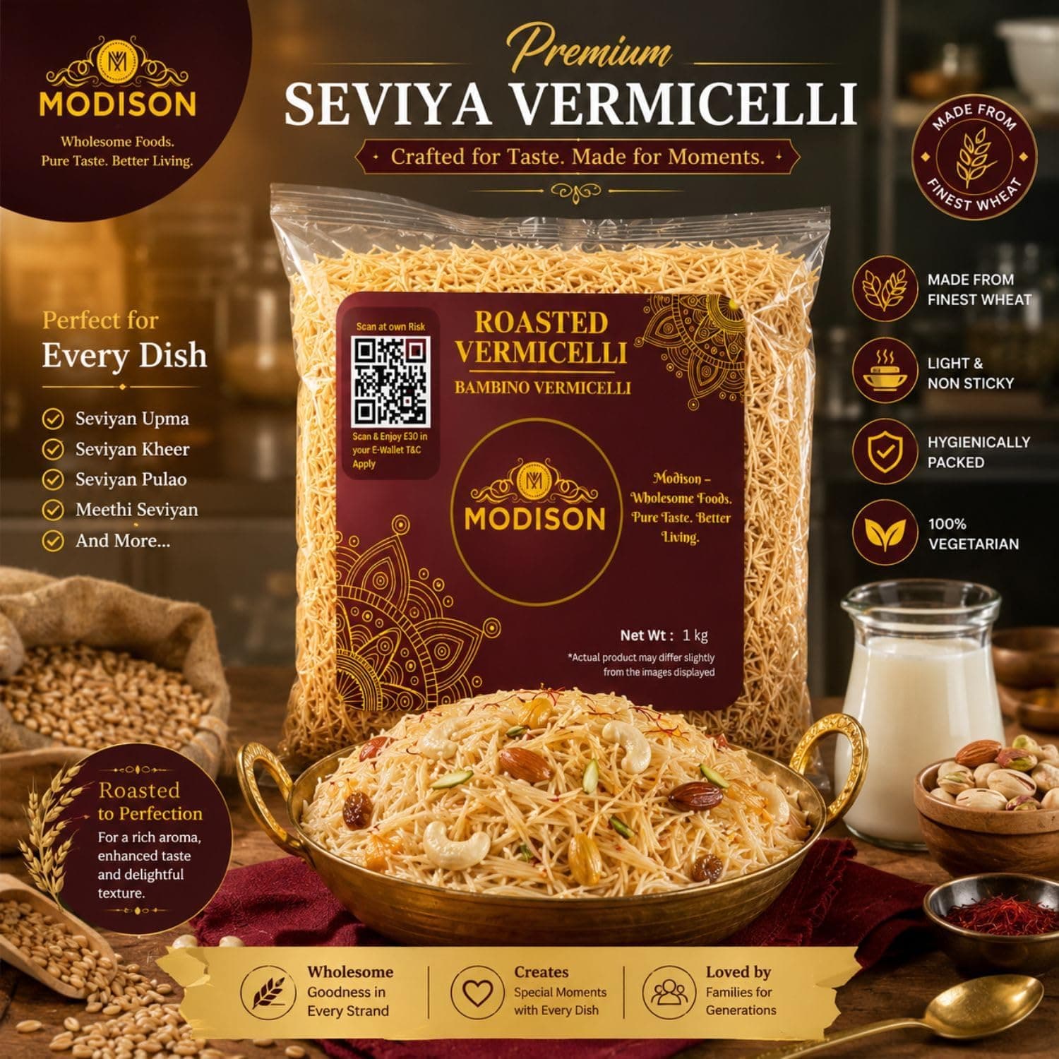 MODISON Roasted Vermicelli Premium Wheat Semolina Ready to Cook 1kg thumbnail 10