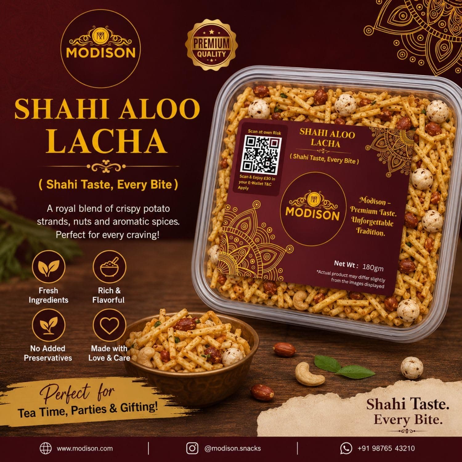 MODISON Shahi Aloo Lacha Indian Namkeen Crispy Potato Sticks 180g thumbnail 10