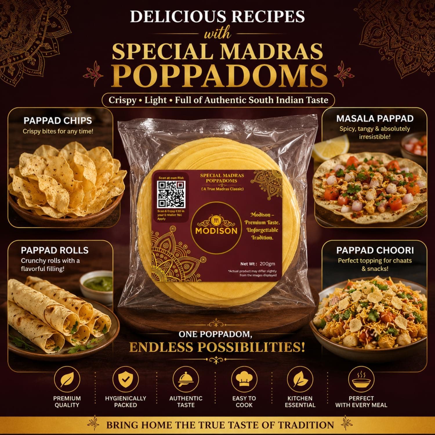 MODISON Special Madras Poppadoms Indian Papad Crispy Lentil Wafer 200g thumbnail 11