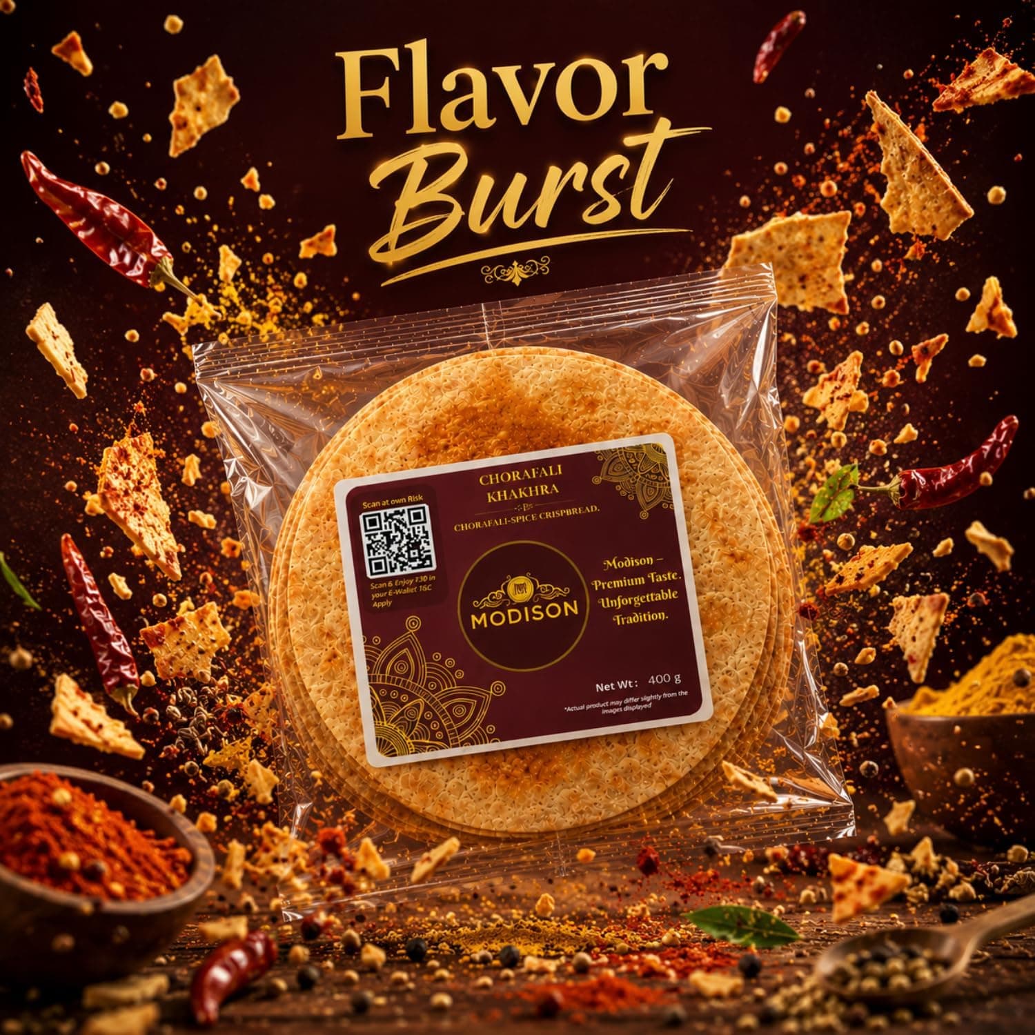 MODISON Chorafali Khakhra Whole Wheat Crispbread Roasted 400g thumbnail 12
