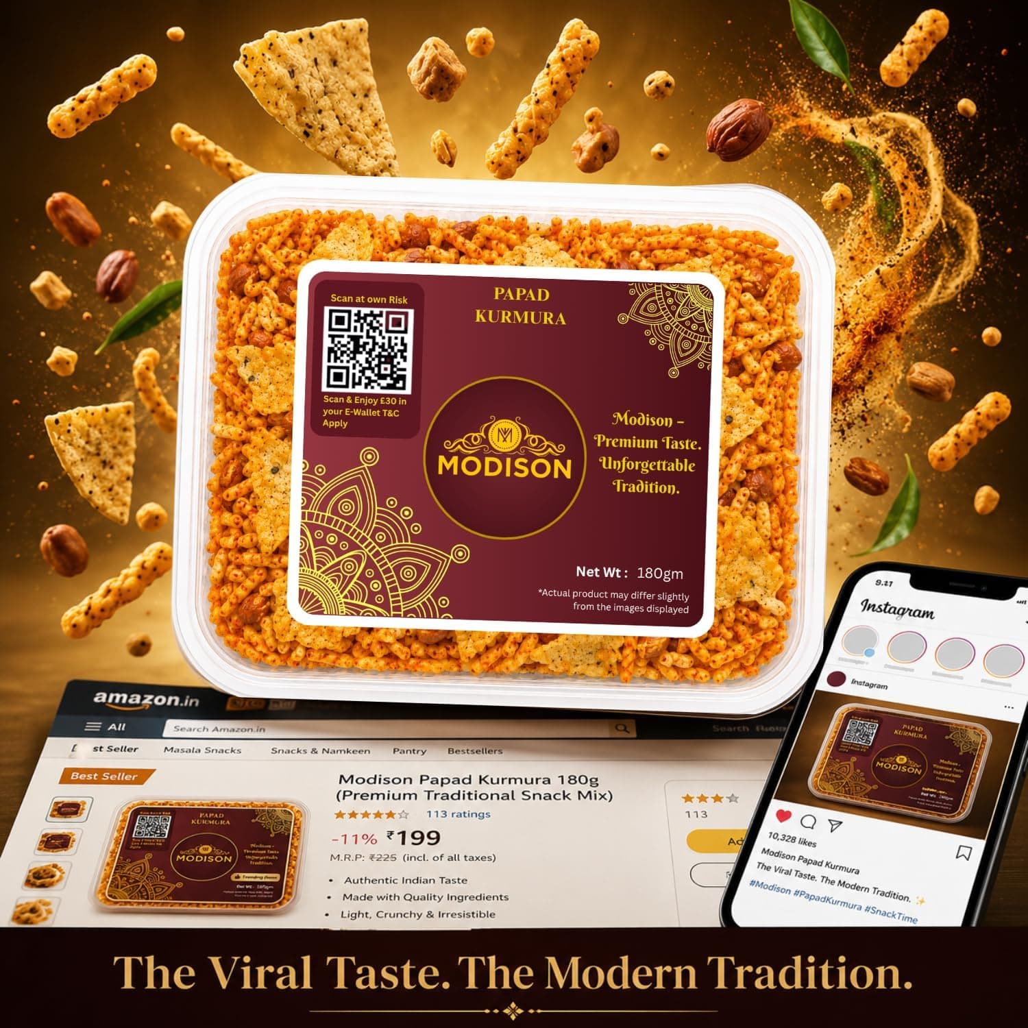 MODISON Papad Kurmura Indian Namkeen Crispy Puffed Rice 180g thumbnail 10