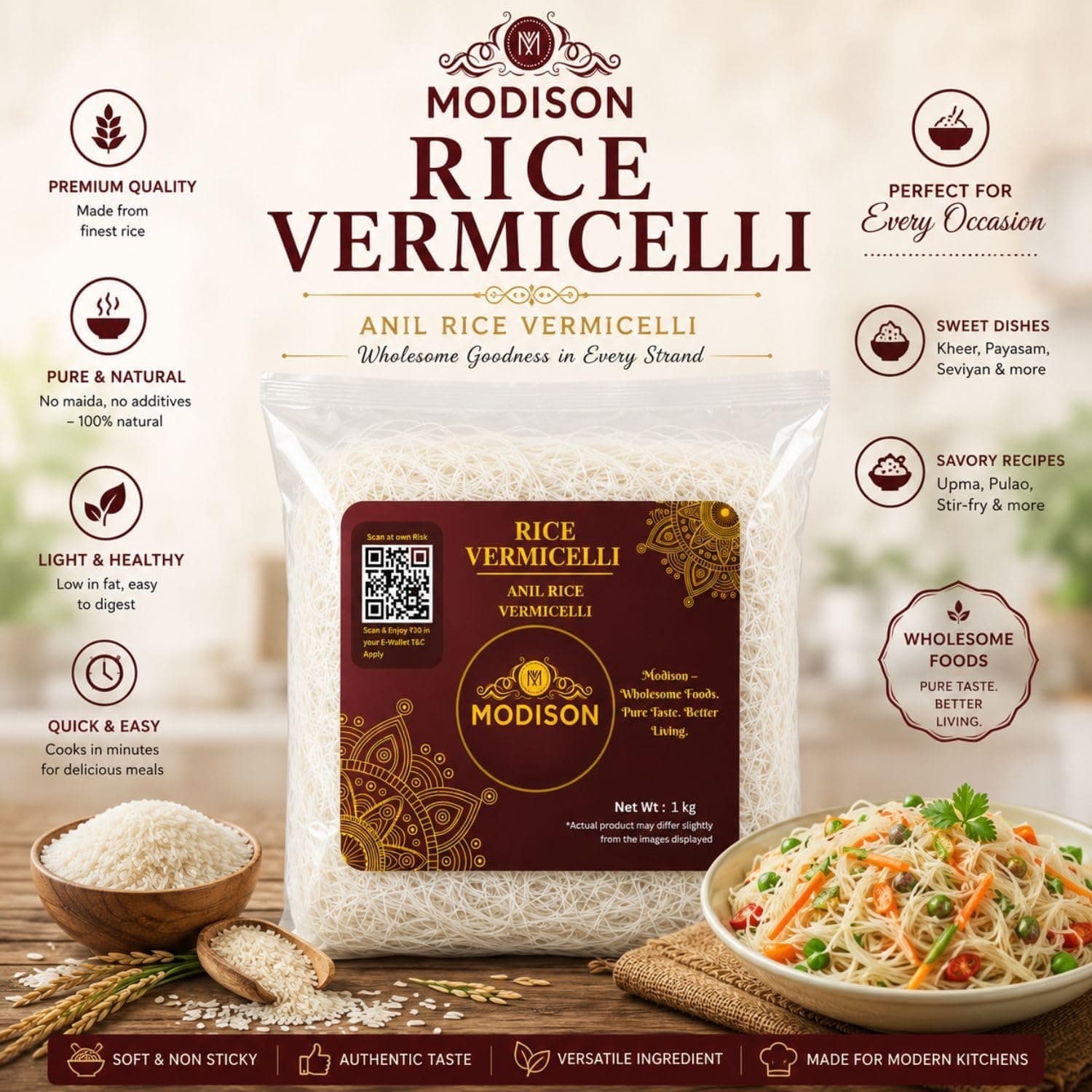 MODISON Rice Vermicelli Premium Rice Noodles Ready to Cook 1kg thumbnail 11
