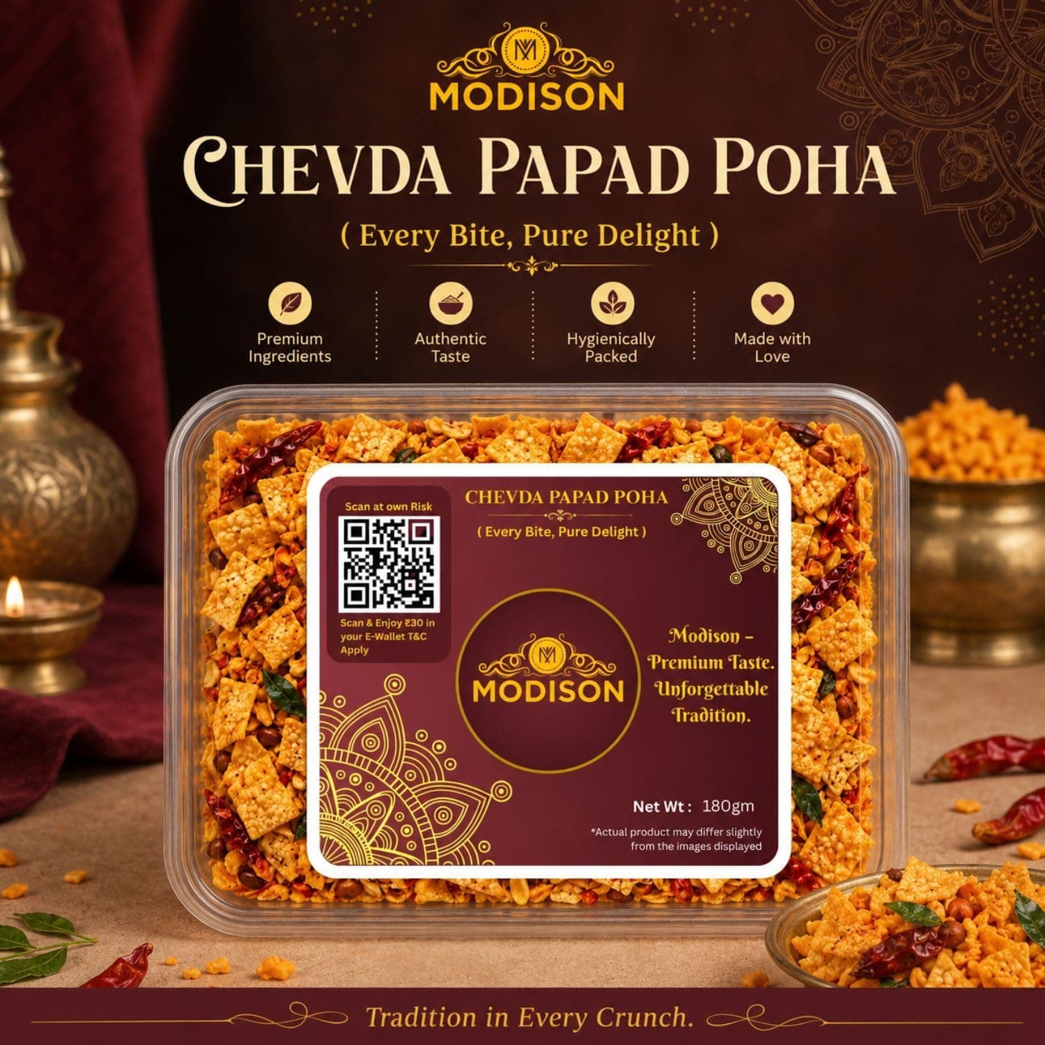 MODISON Chevda Papad Poha Indian Namkeen Crispy Mix 180g thumbnail 11