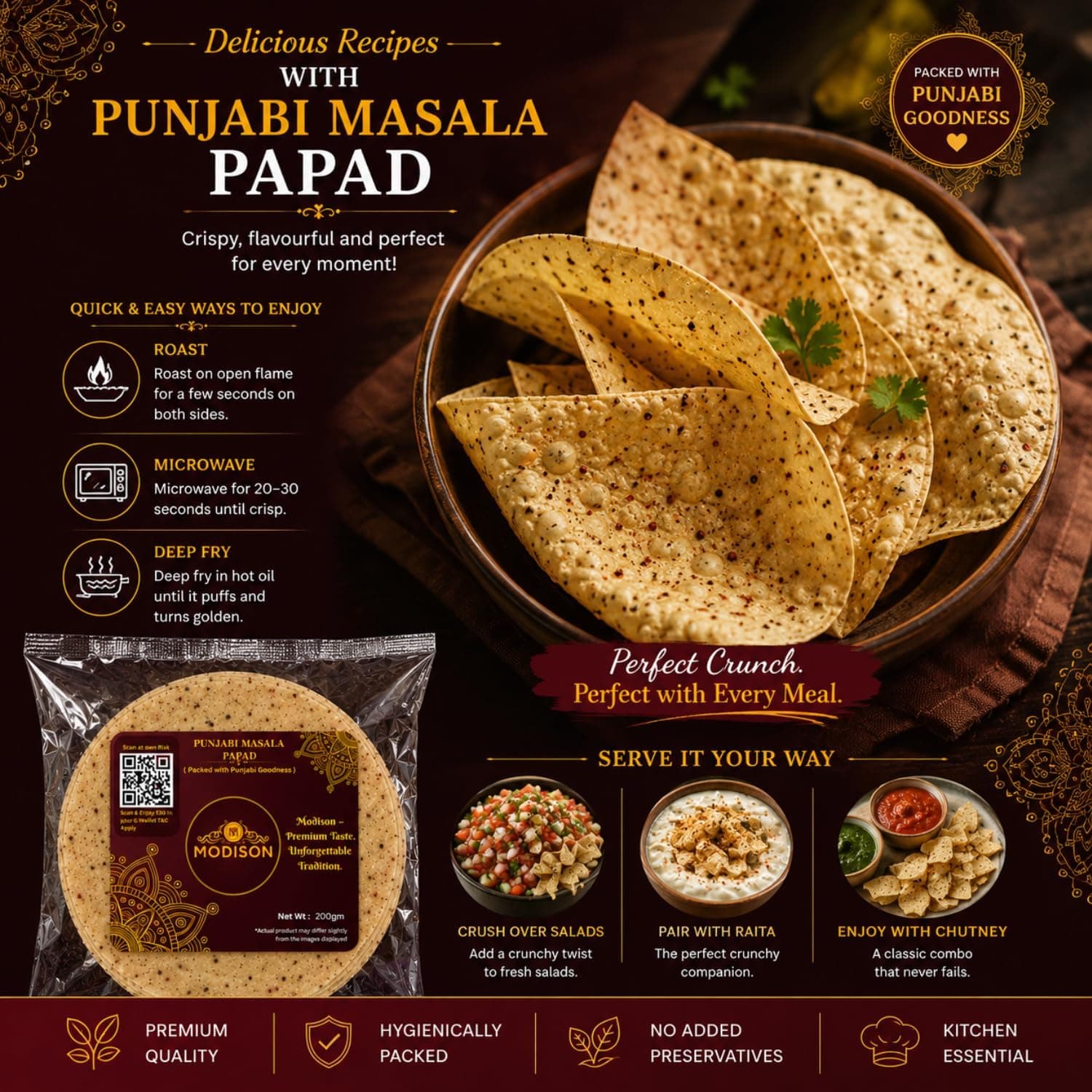 MODISON Punjabi Masala Indian Papad Spicy Lentil Wafer 200g thumbnail 11