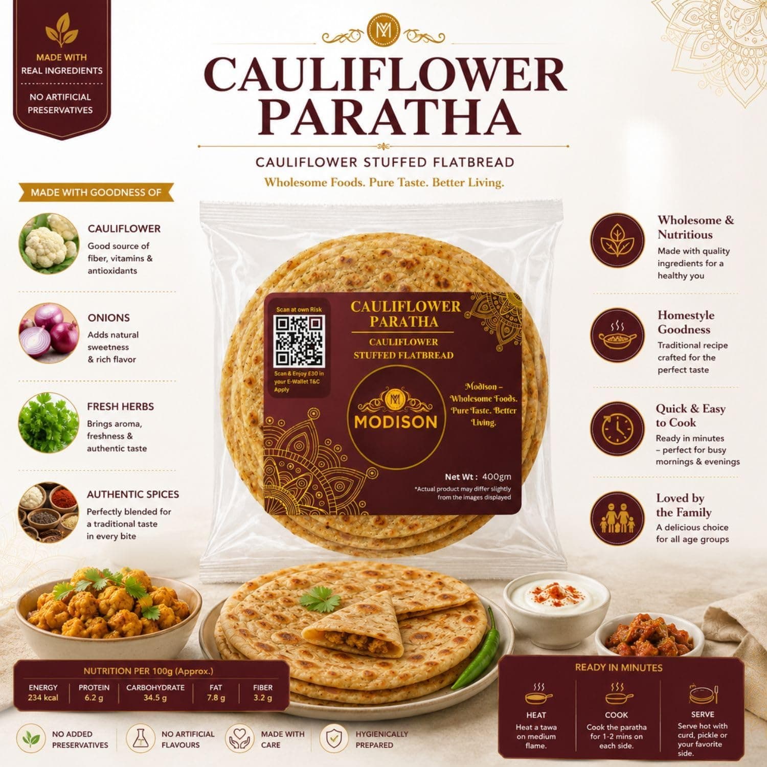MODISON Cauliflower Paratha Traditional Indian Flatbread Frozen 400g thumbnail 10