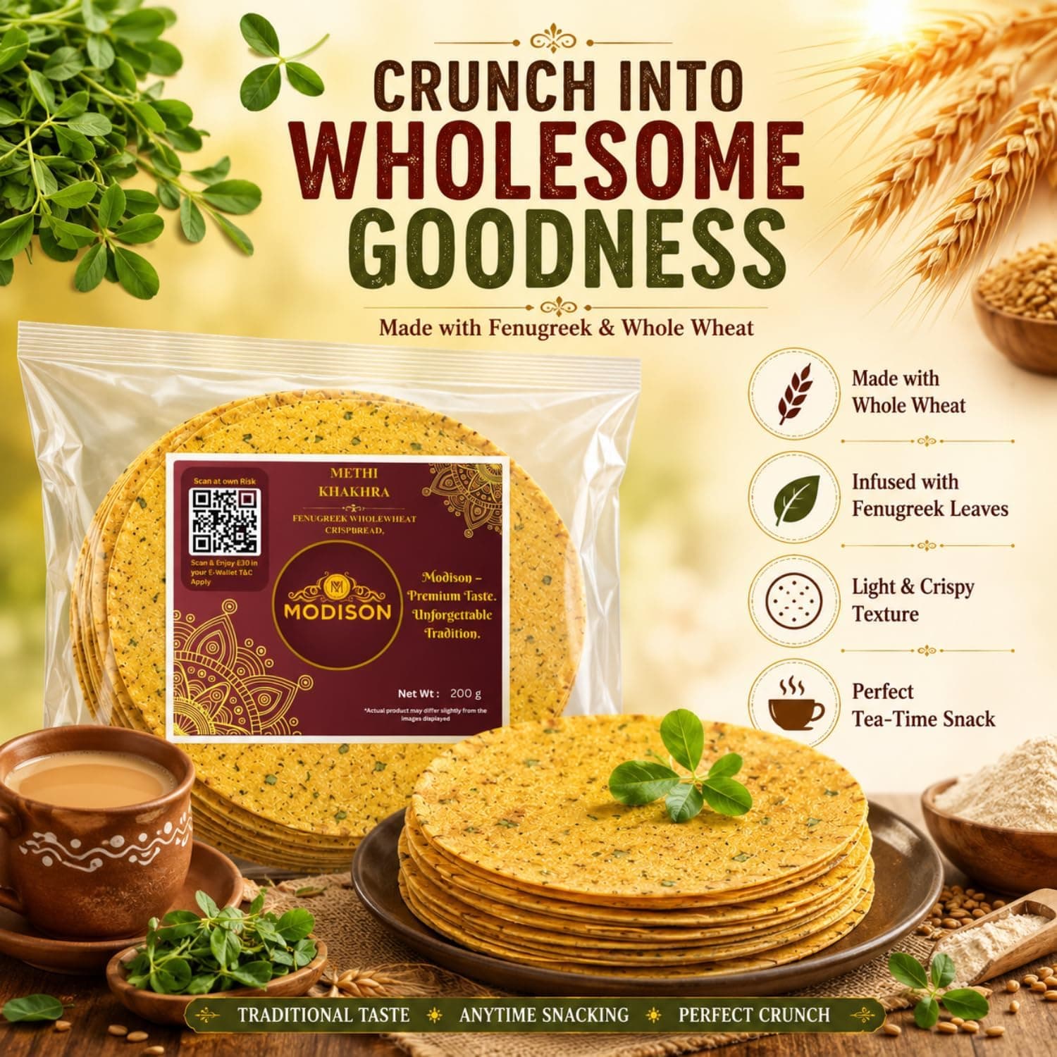 MODISON Methi Khakhra Whole Wheat Fenugreek Crispbread Snack 200 g thumbnail 9