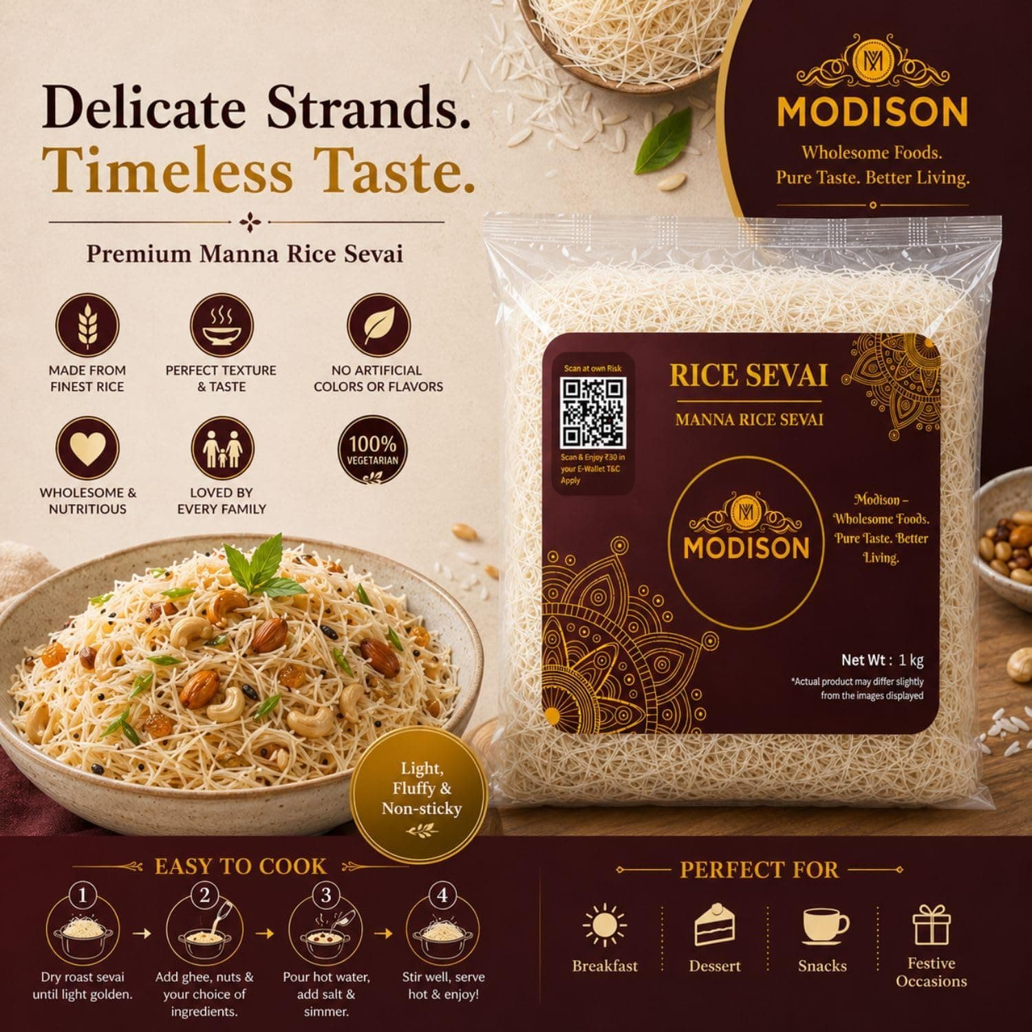 MODISON Brown Rice Sevai Rice Noodles, Brown Rice Vermicelli, 1 kg thumbnail 11