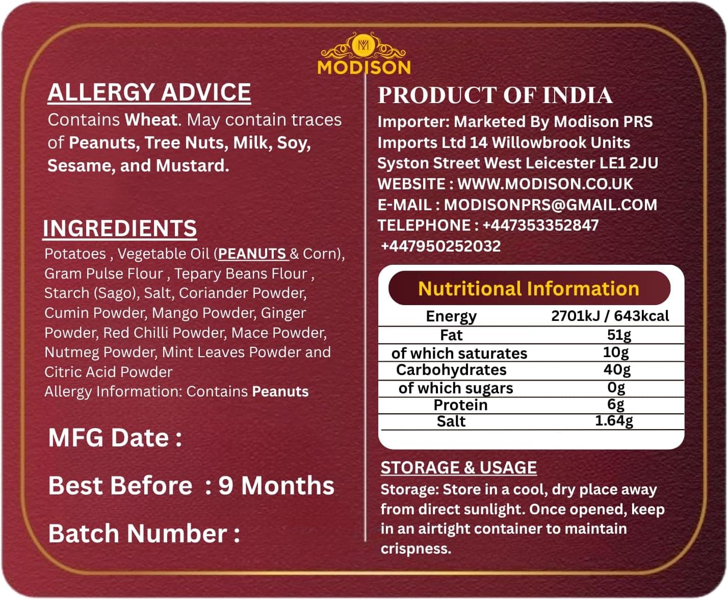 MODISON Aloo Bhujia Authentic Indian Namkeen Snack 200g thumbnail 9