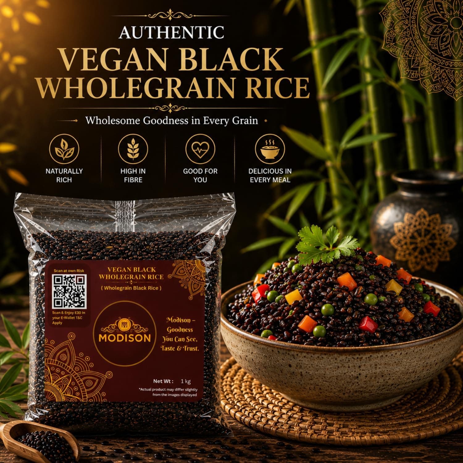 MODISON Vegan Black Wholegrain Rice Gluten Free Natural 1kg thumbnail 9