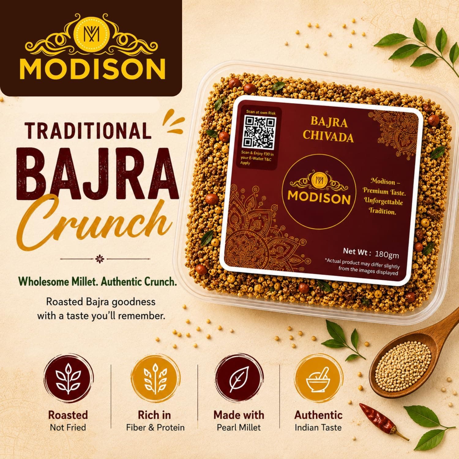 MODISON Bajra Chivda Indian Namkeen Crispy Pearl Millet 180g thumbnail 12
