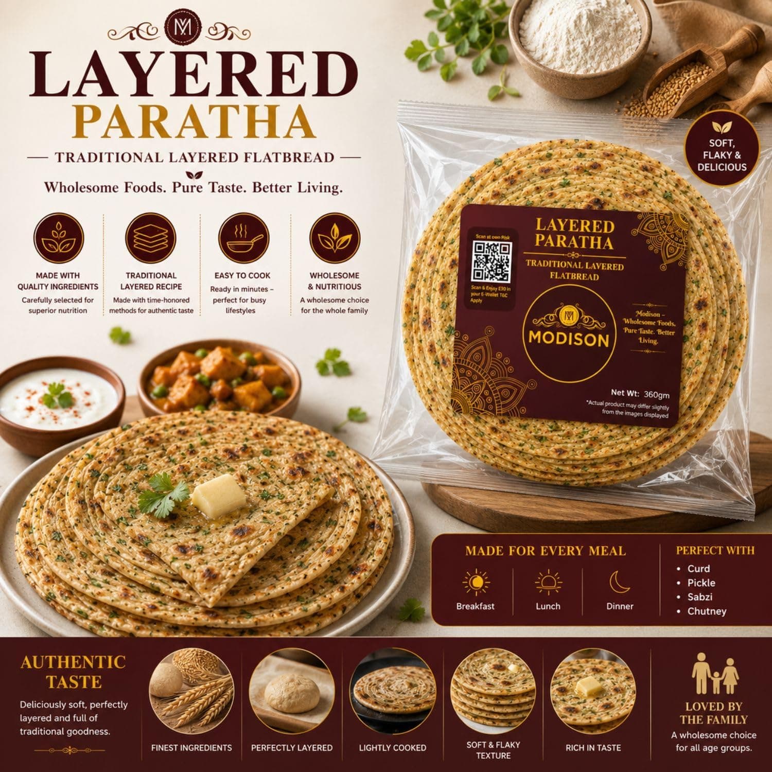 MODISON Layered Paratha Traditional Indian Flatbread Frozen 360g thumbnail 10