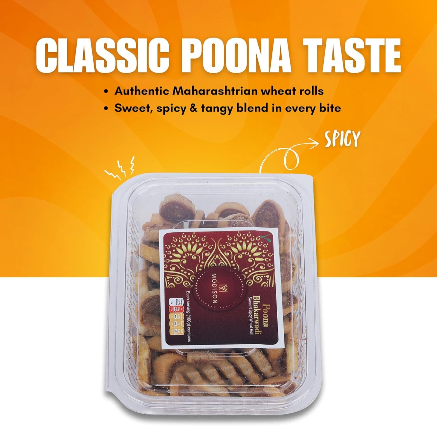 MODISON Bhakharwadi Mini Indian Snacks Spicy Wheat Rolls 180g thumbnail 9