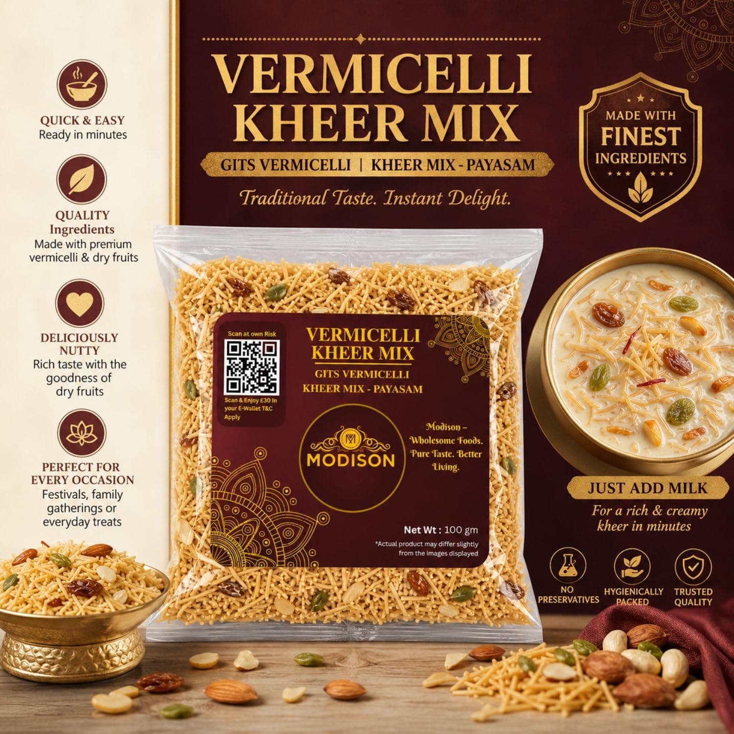MODISON Vermicelli Kheer Mix Instant Payasam Dessert Mix 100g thumbnail 10