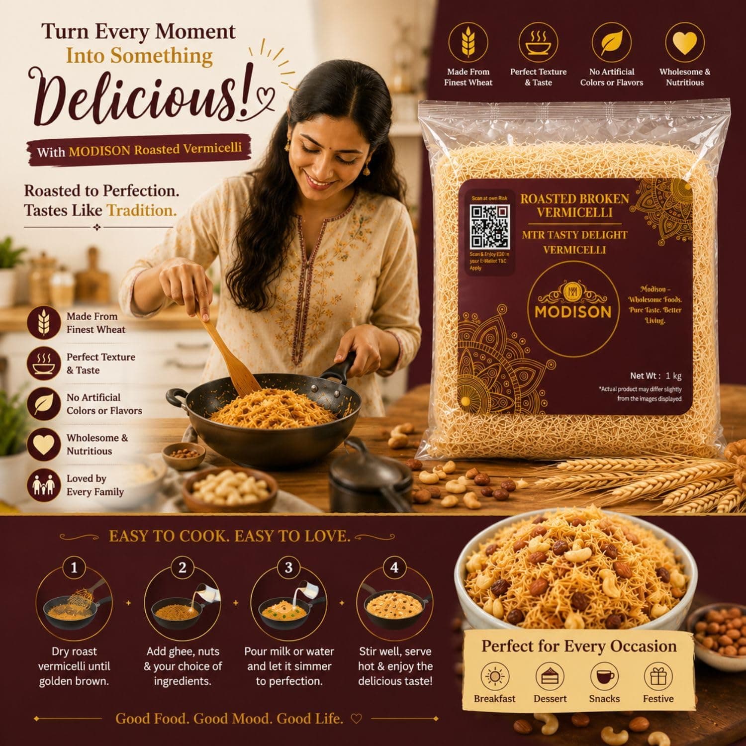 MODISON Roasted Broken Vermicelli, Wheat Semolina Sevai, 1 kg thumbnail 12