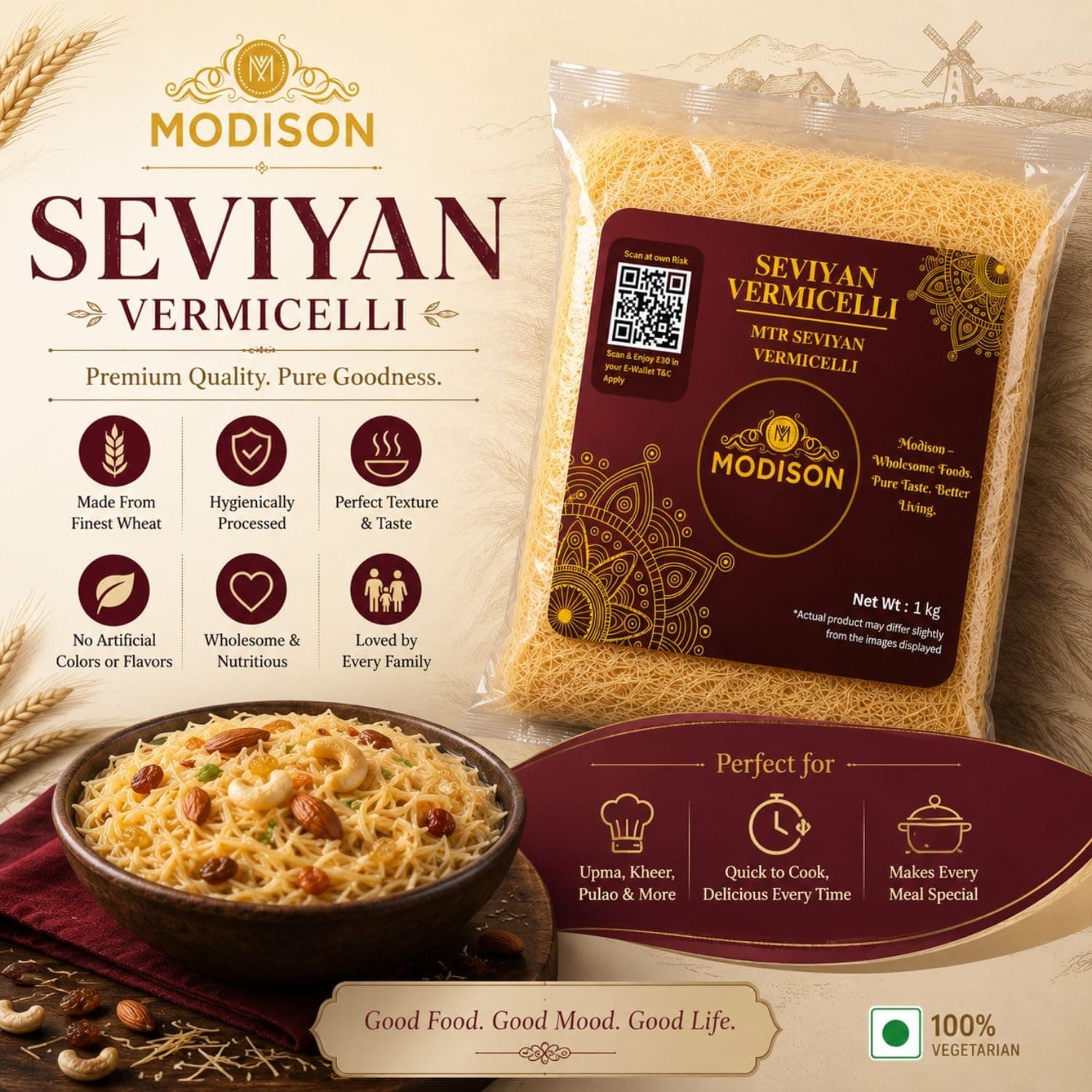 MODISON Seviyan Vermicelli Hard Wheat Semolina Pasta 1kg thumbnail 11